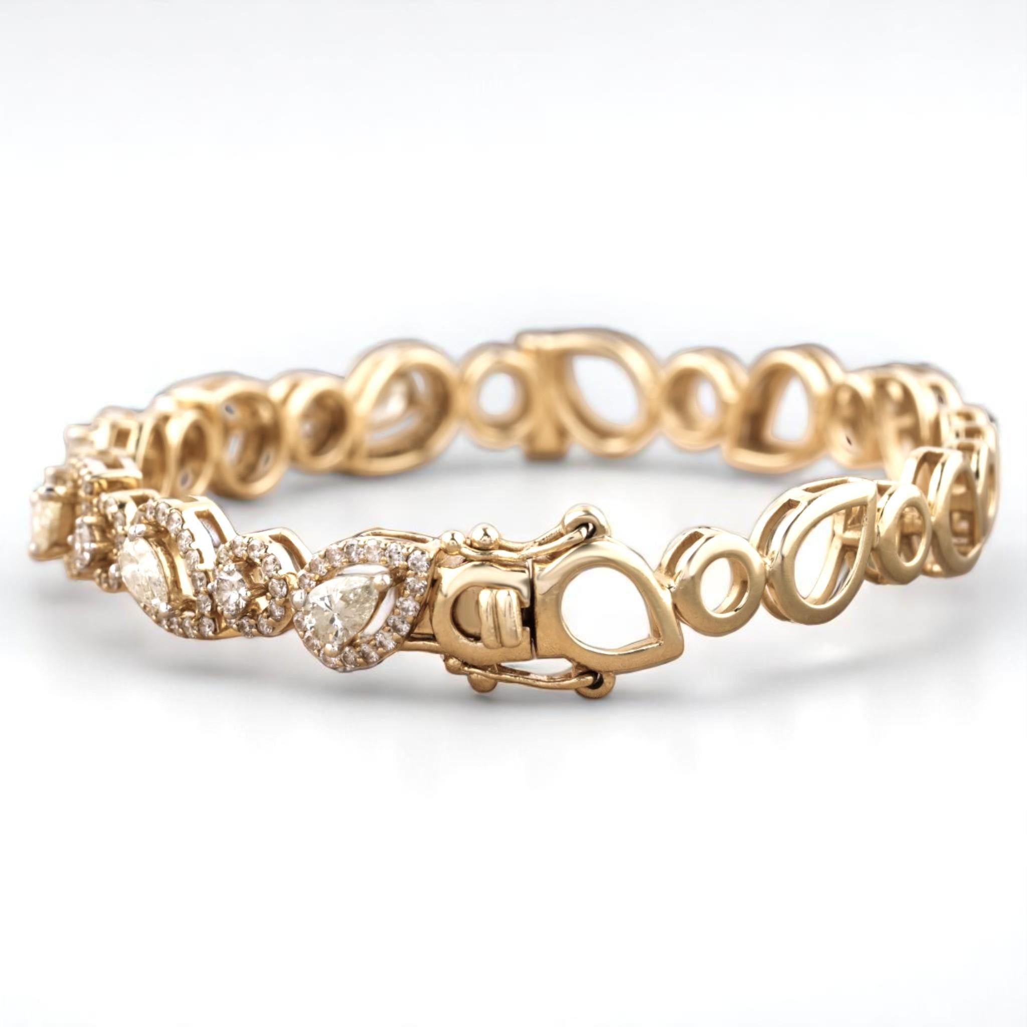 Teardrop Cluster Diamond Link Armreif aus 14k massivem Gold (zertifiziert) (Tropfenschliff) im Angebot