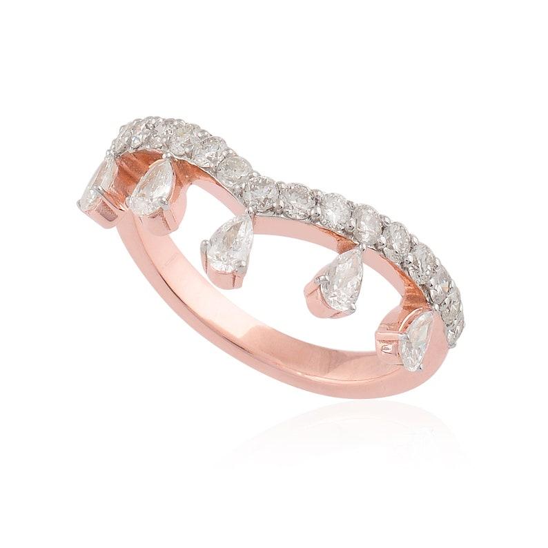 Mixed Cut Teardrop Diamond 14 Karat Gold V Ring For Sale