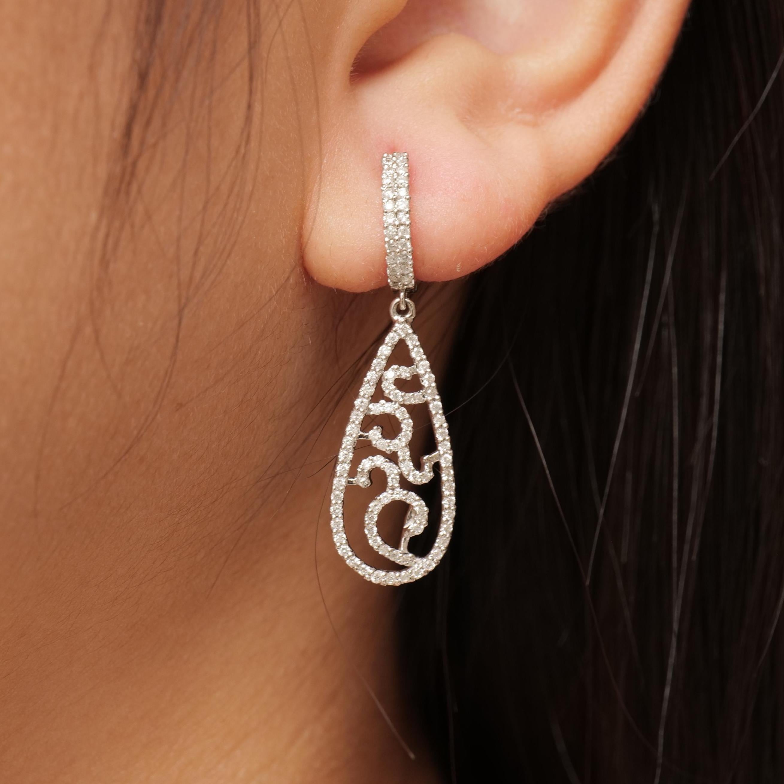Art Deco Teardrop Diamond Dangle Earrings in 14K Solid Gold (Certified) For Sale