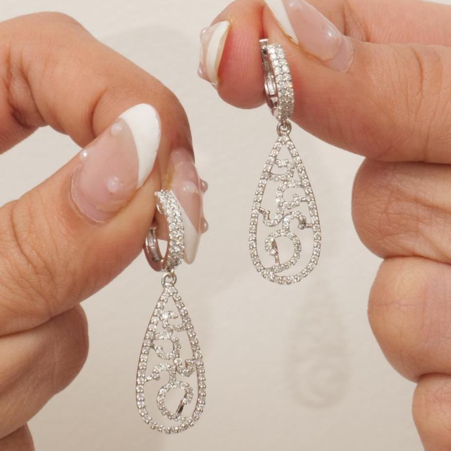 Round Cut Teardrop Diamond Dangle Earrings in 14K Solid Gold (Certified) For Sale