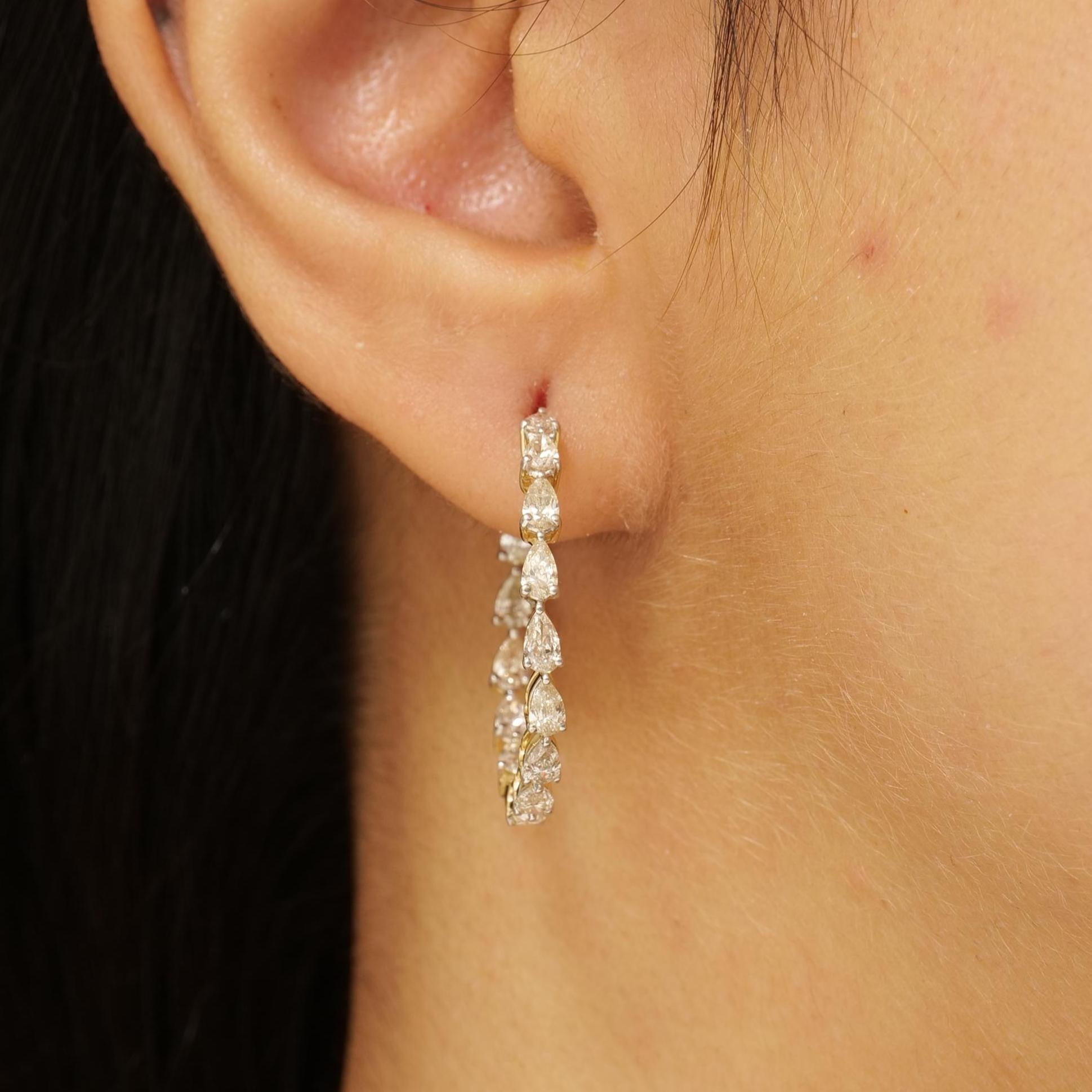 Art Deco Teardrop Diamond Hoop Earrings in 14K Solid Gold (Certified) For Sale