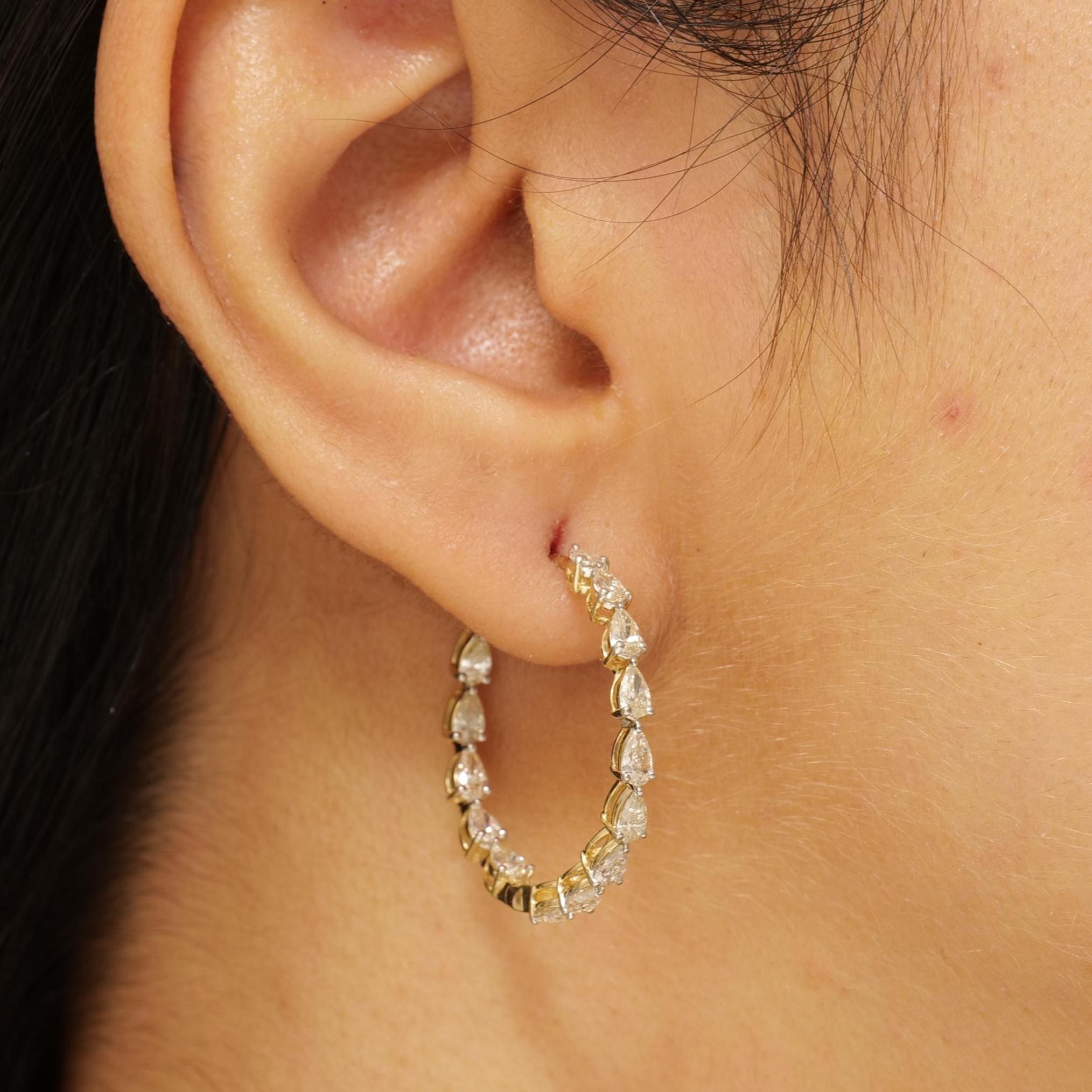 Pear Cut Teardrop Diamond Hoop Earrings in 14K Solid Gold (Certified) For Sale