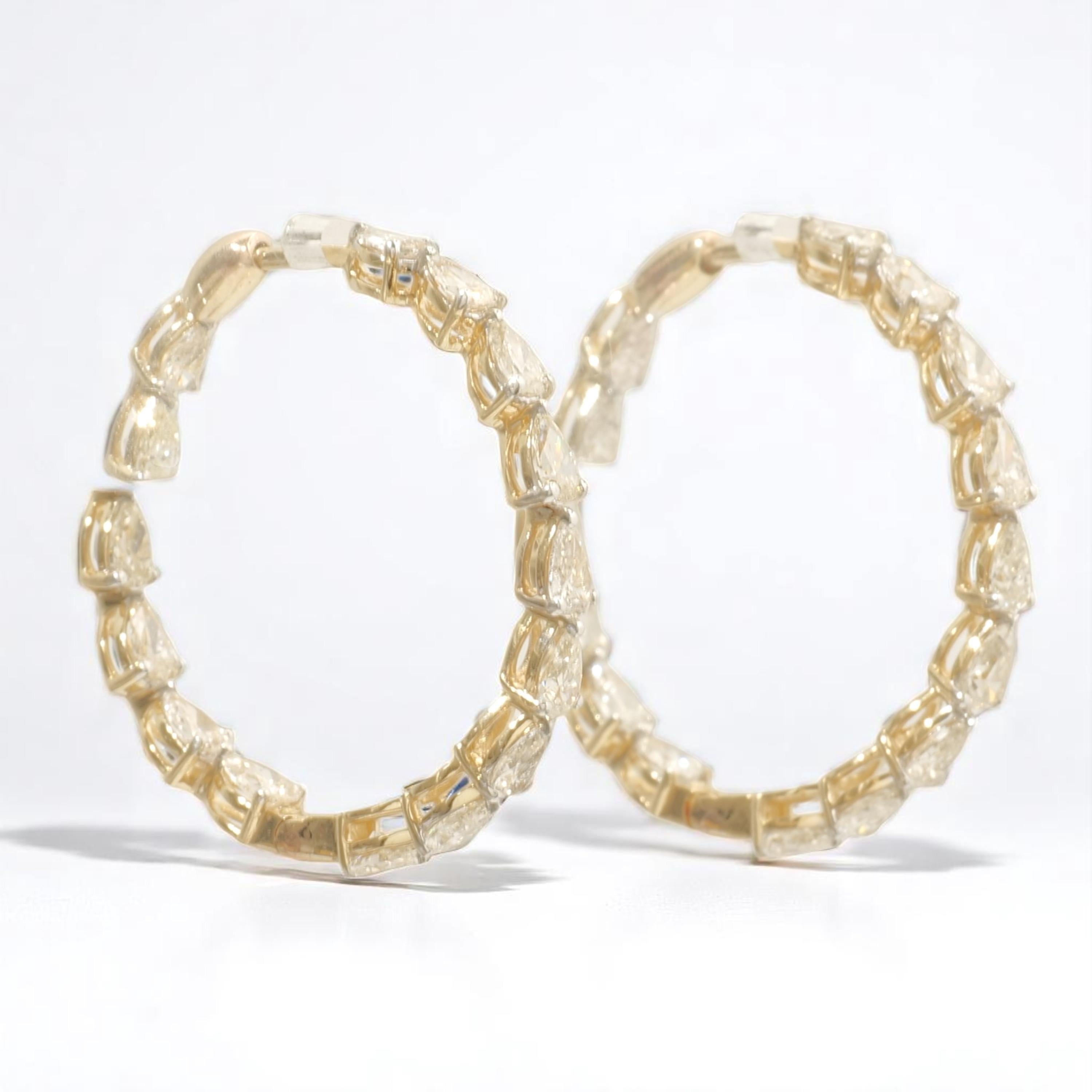 Teardrop Diamond Hoop Earrings in 14K Solid Gold (Certified) In New Condition For Sale In New Delhi, DL