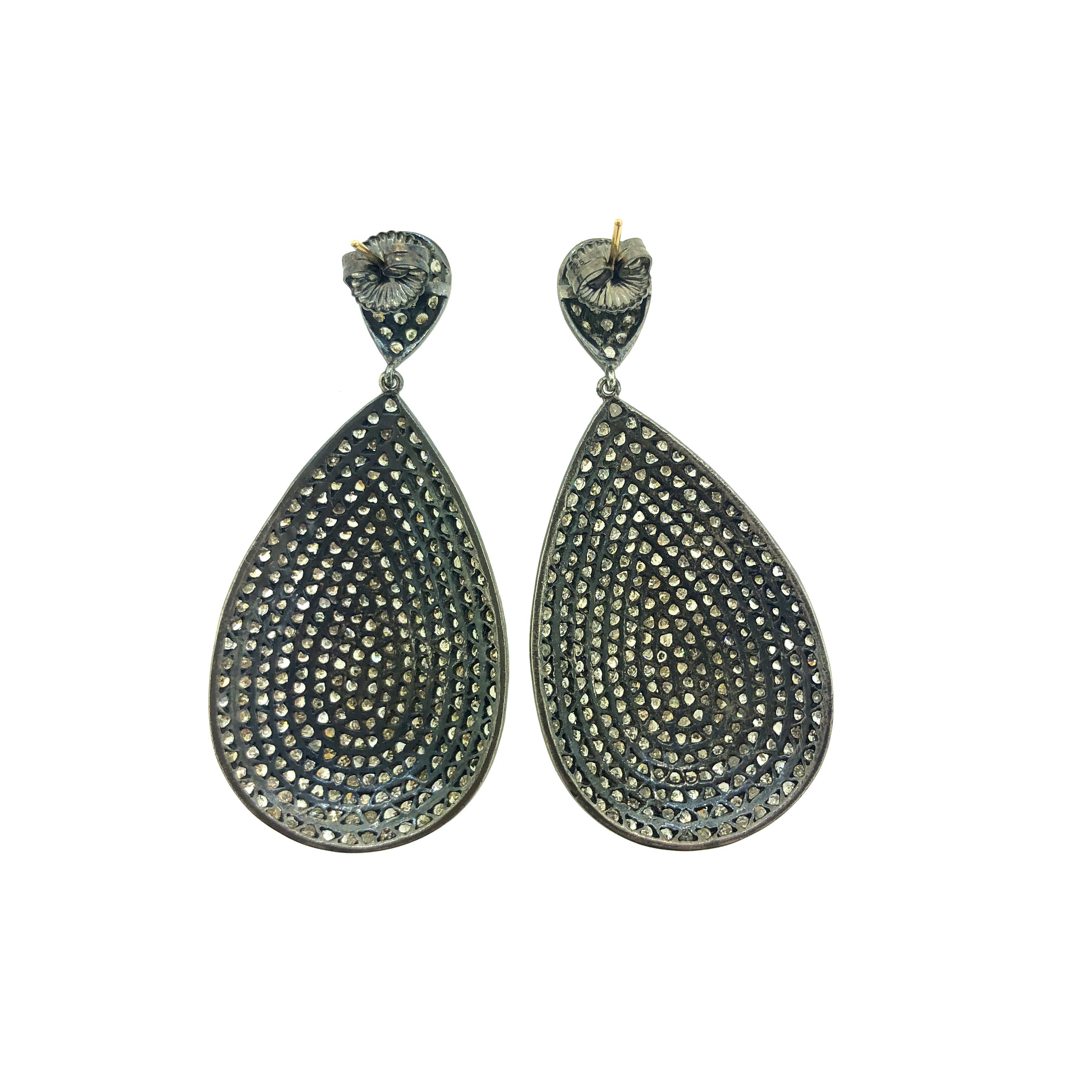 Contemporary Teardrop Diamond Oxidized Sterling Silver Earring For Sale