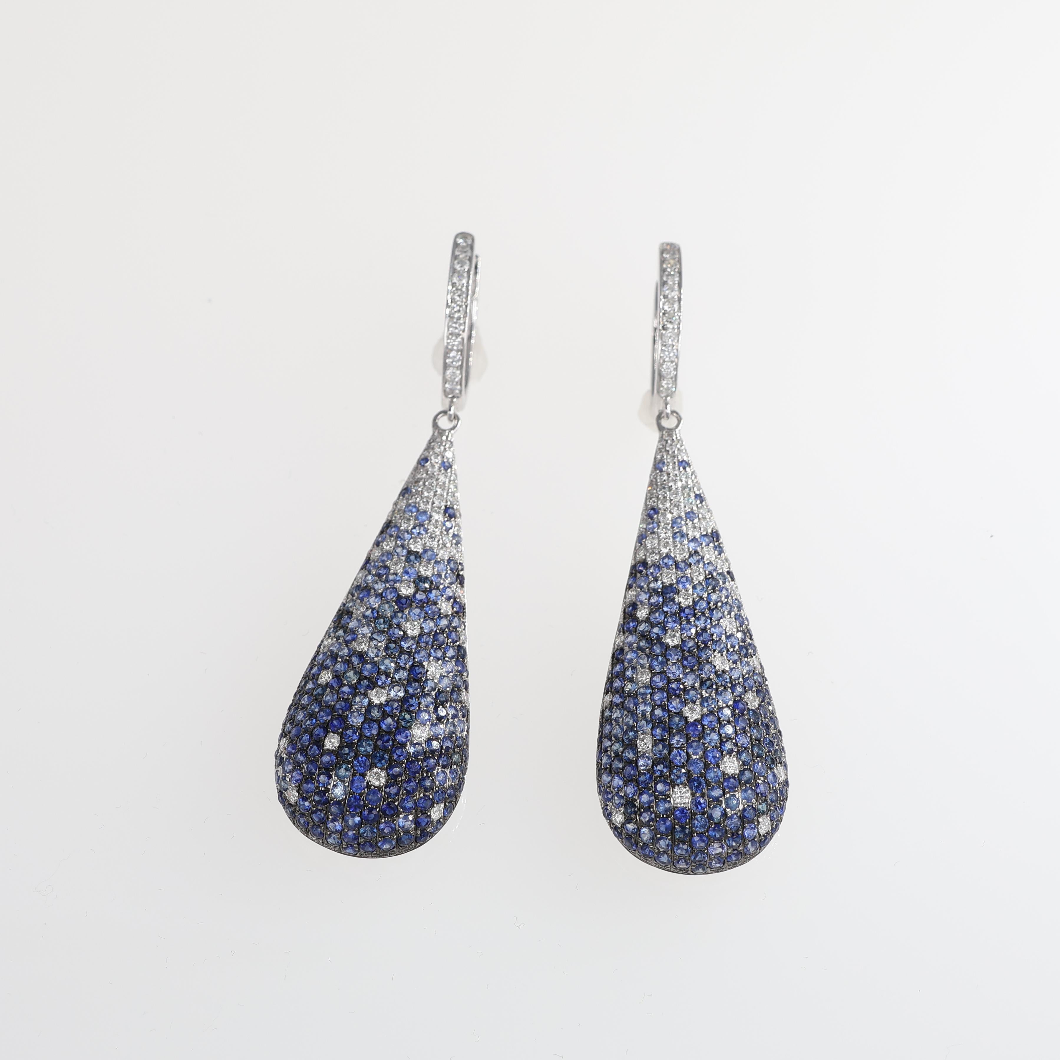 Brilliant Cut Teardrop Earrings in White Gold with Blue Sapphires and Diamonds For Sale