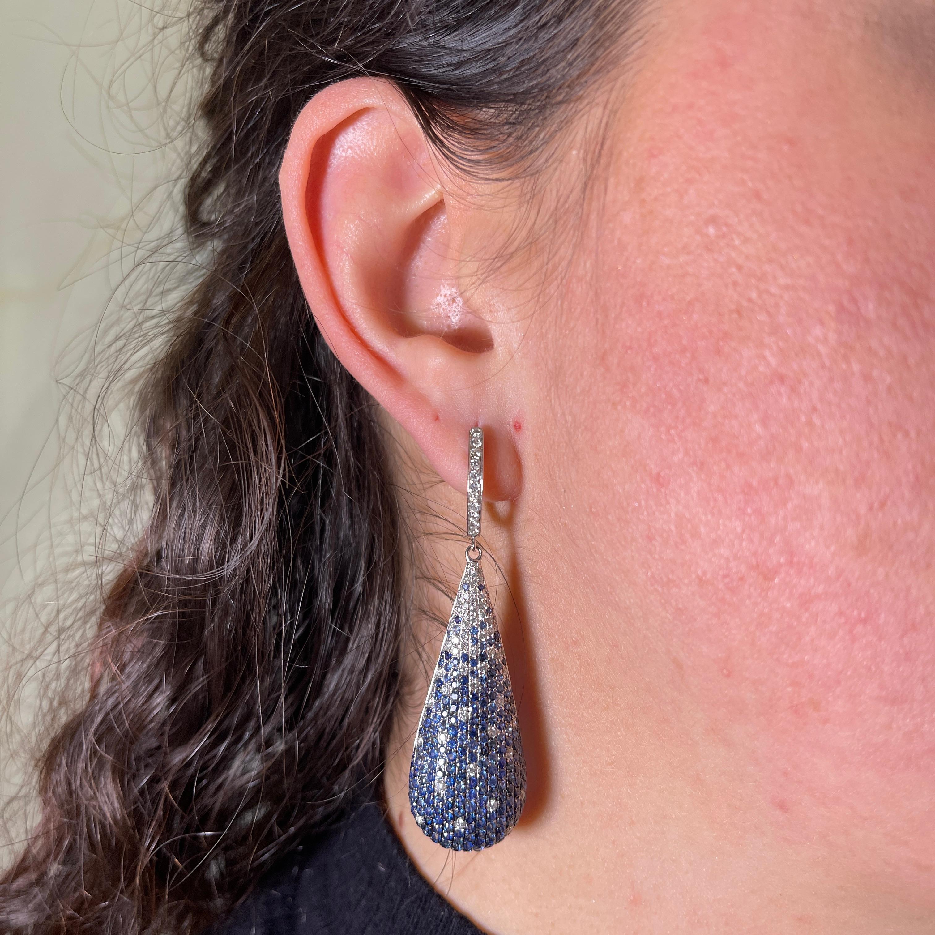Women's or Men's Teardrop Earrings in White Gold with Blue Sapphires and Diamonds For Sale