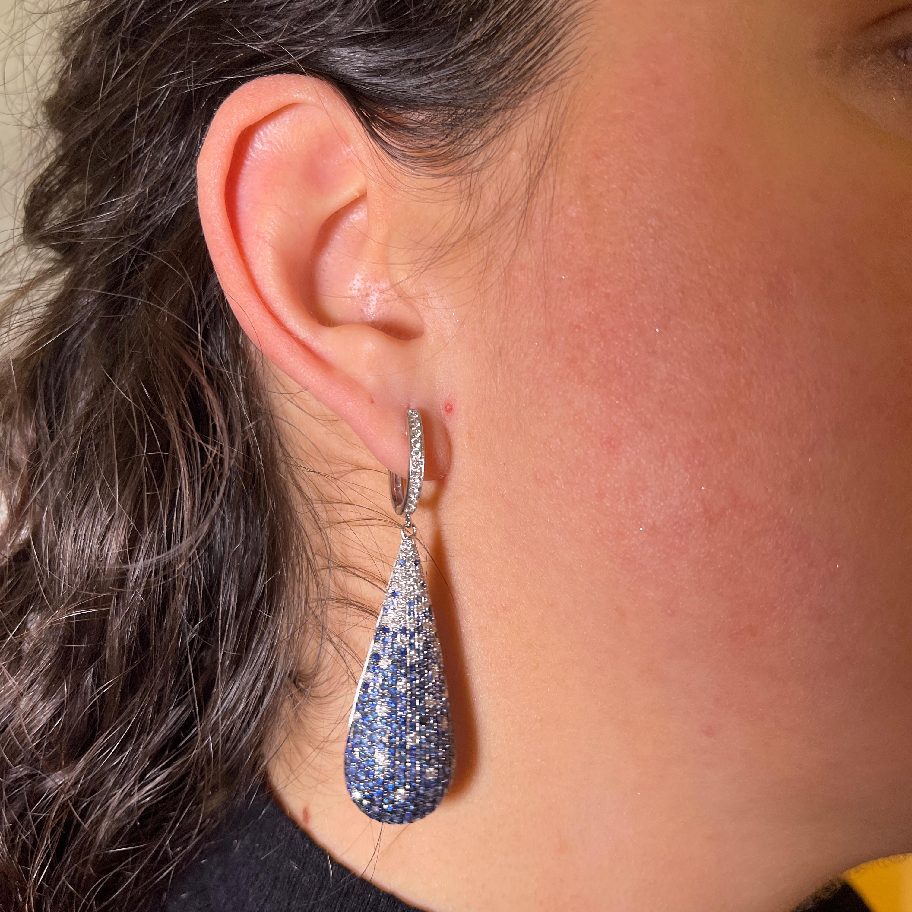 Teardrop Earrings in White Gold with Blue Sapphires and Diamonds For Sale 1