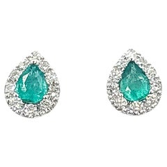 Teardrop Emerald & Diamond Earrings in 14k White Gold