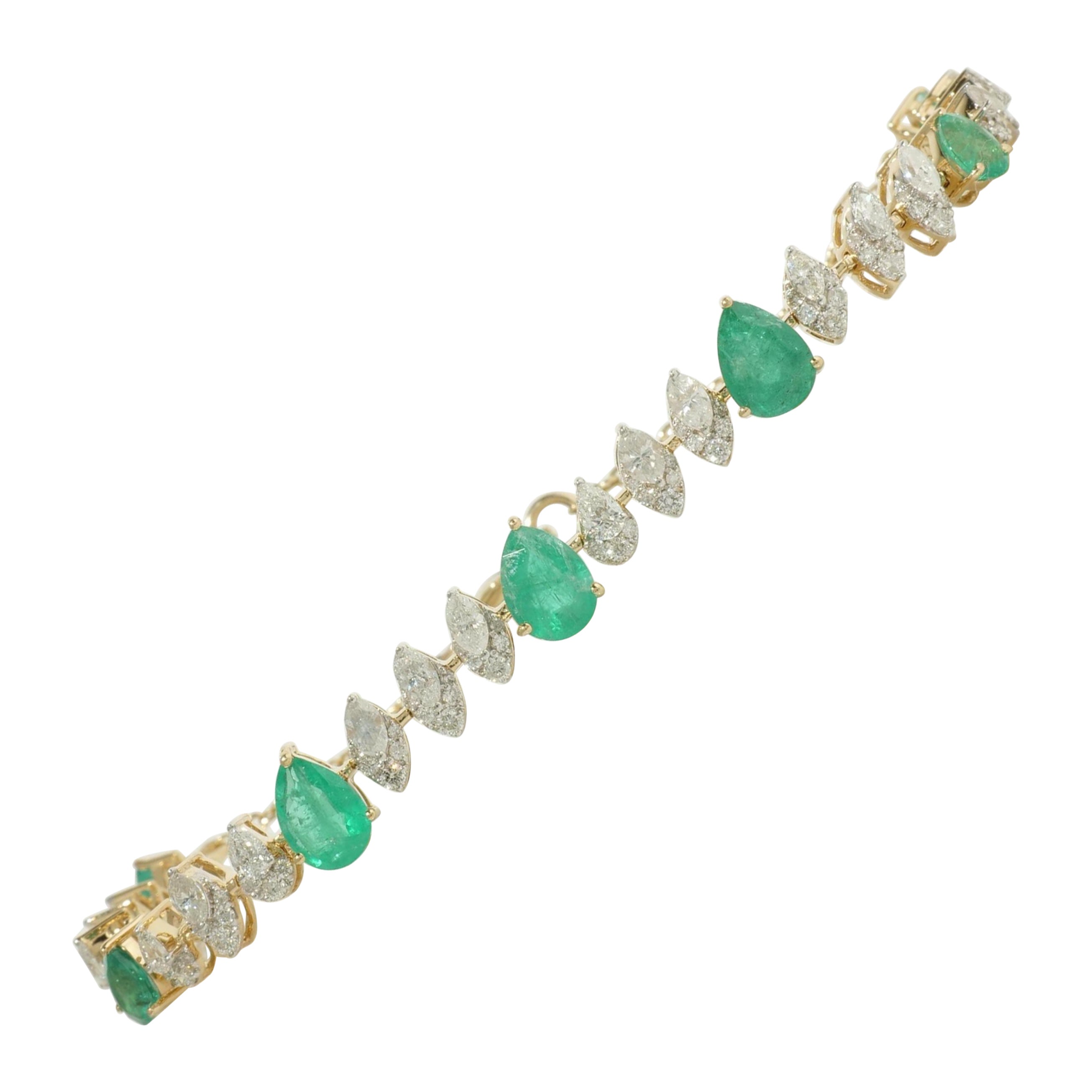 Teardrop Smaragd-Diamant-Tennisarmband aus 14 Karat massivem Gold (zertifiziert) im Angebot