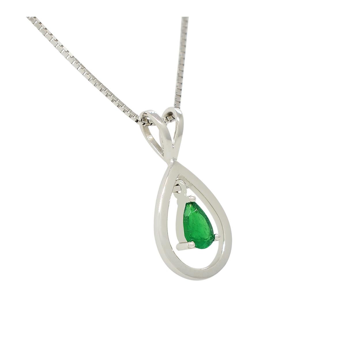 Contemporary Teardrop Emerald Pendant Necklace with Small Pear Shape Emerald in White Gold For Sale