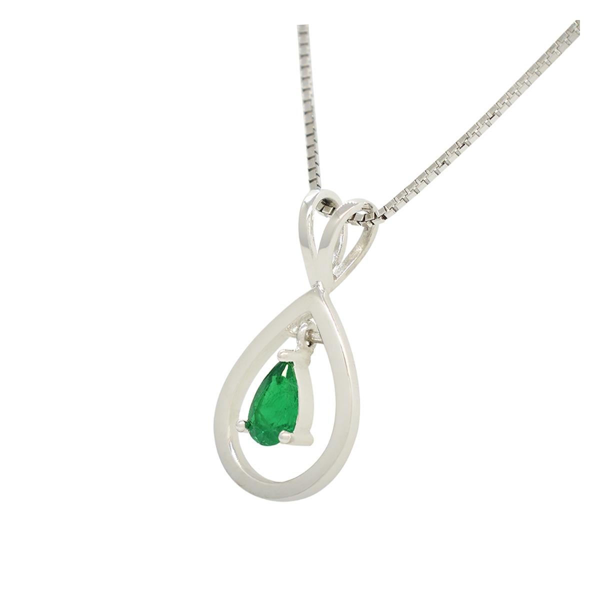 Pear Cut Teardrop Emerald Pendant Necklace with Small Pear Shape Emerald in White Gold For Sale