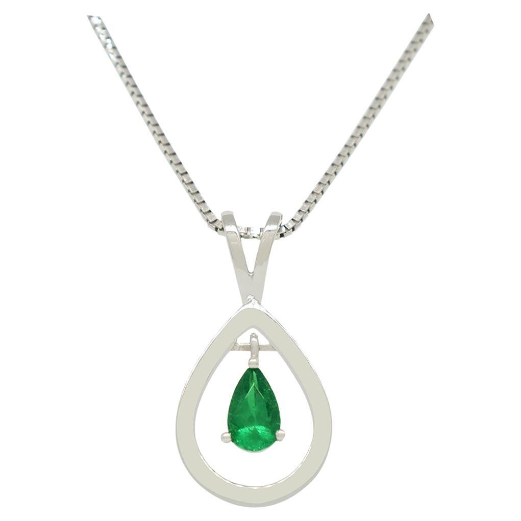 Teardrop Emerald Pendant Necklace with Small Pear Shape Emerald in White Gold