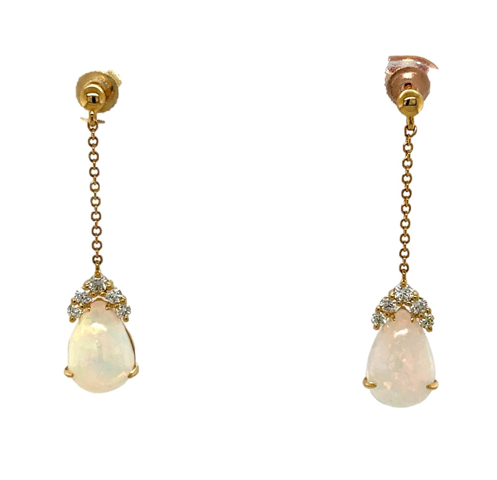 Teardrop Ethiopian Opal and Diamond Dangling Earrings in 14KY Gold  In New Condition For Sale In New York, NY