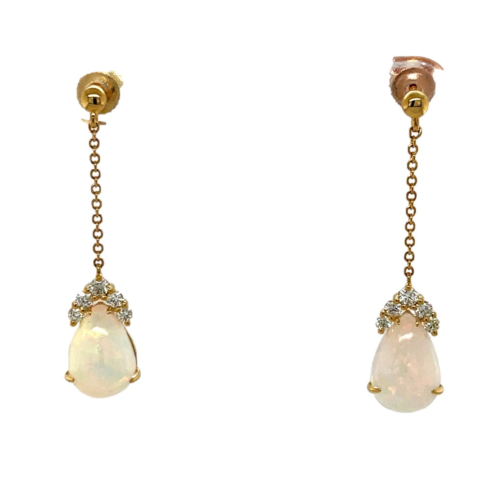 Teardrop Ethiopian Opal and Diamond Dangling Earrings in 14KY Gold In New Condition For Sale In New York, NY