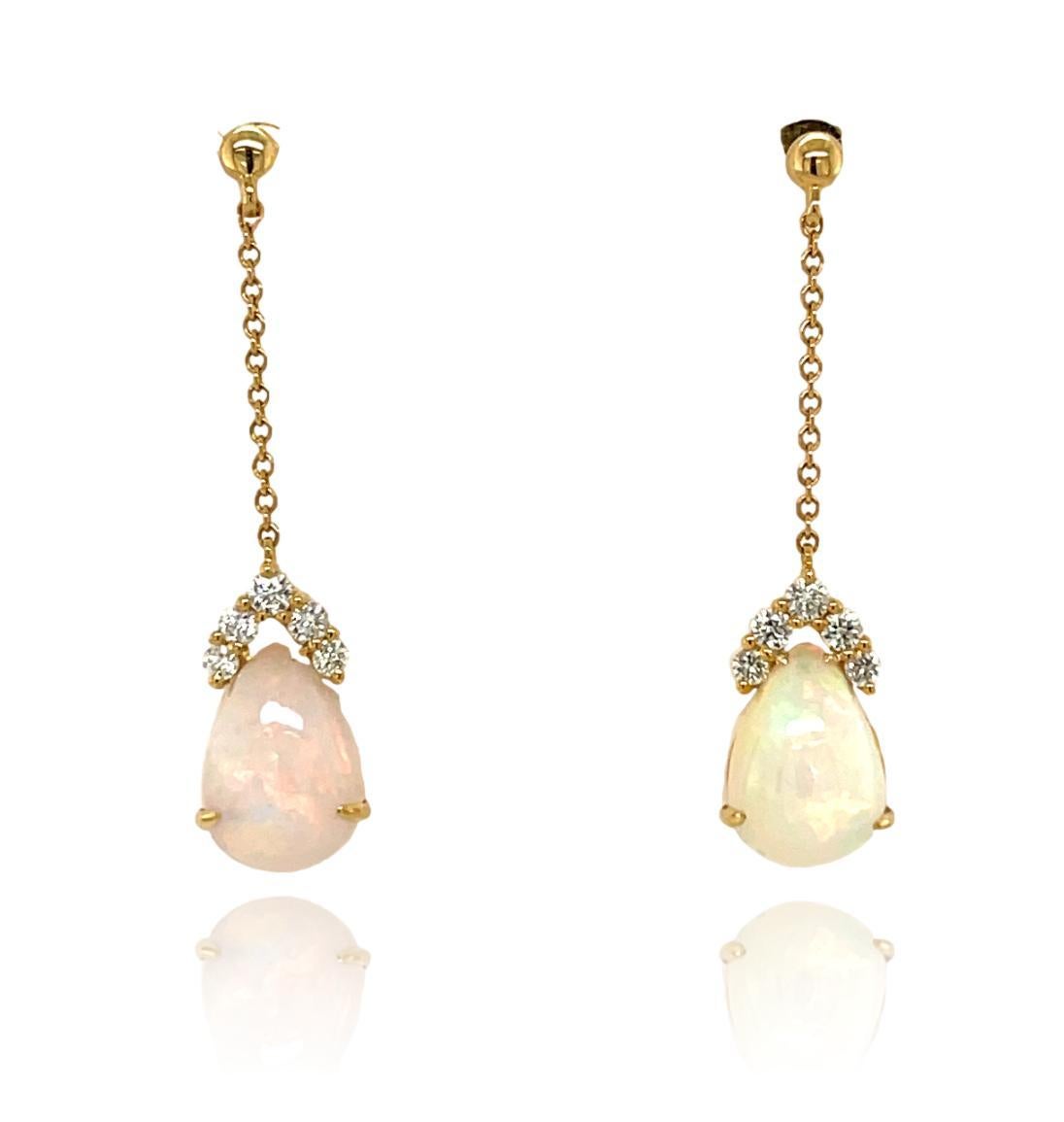Women's Teardrop Ethiopian Opal and Diamond Dangling Earrings in 14KY Gold  For Sale