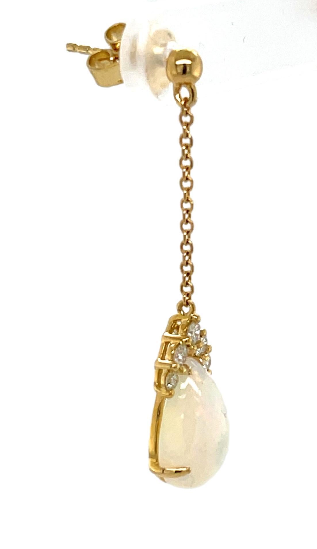 Teardrop Ethiopian Opal and Diamond Dangling Earrings in 14KY Gold  For Sale 1