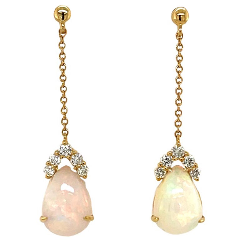 Tropfenförmige Ohrringe aus 14KY Gold mit äthiopischem Opal und Diamant in Tropfenform 