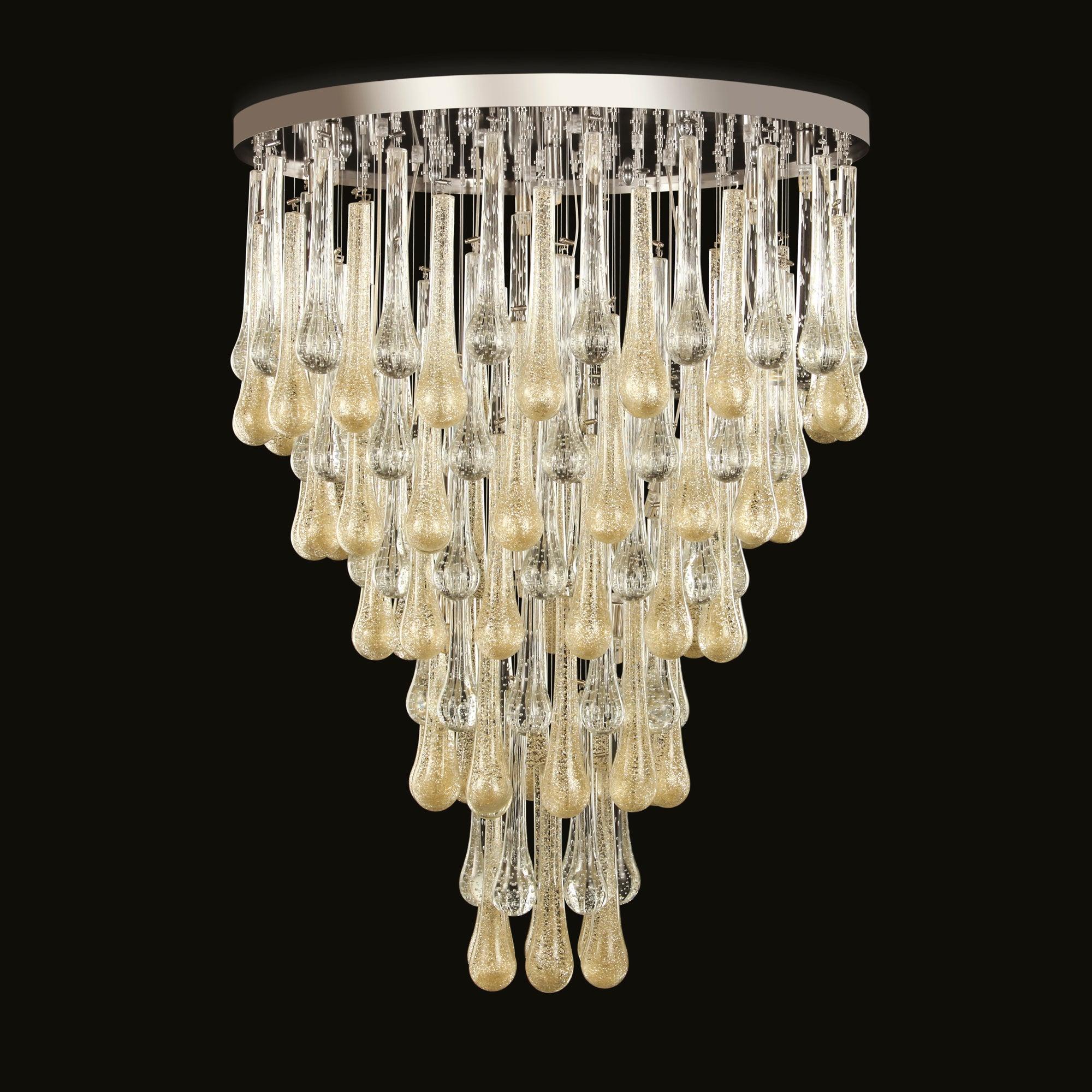 Italian flush mount or chandelier with Murano teardrop-shaped glasses hand blown with real gold, real silver and bubbles inside, mounted on chrome frame by Fabio Ltd / Made in Italy
15 lights / G9 type / max 25W each light
Measures: Diameter 29.5