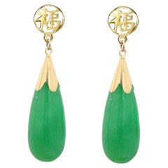 Teardrop Jade Earring 14 Karat Yellow Gold Green dangle Jade Earrings