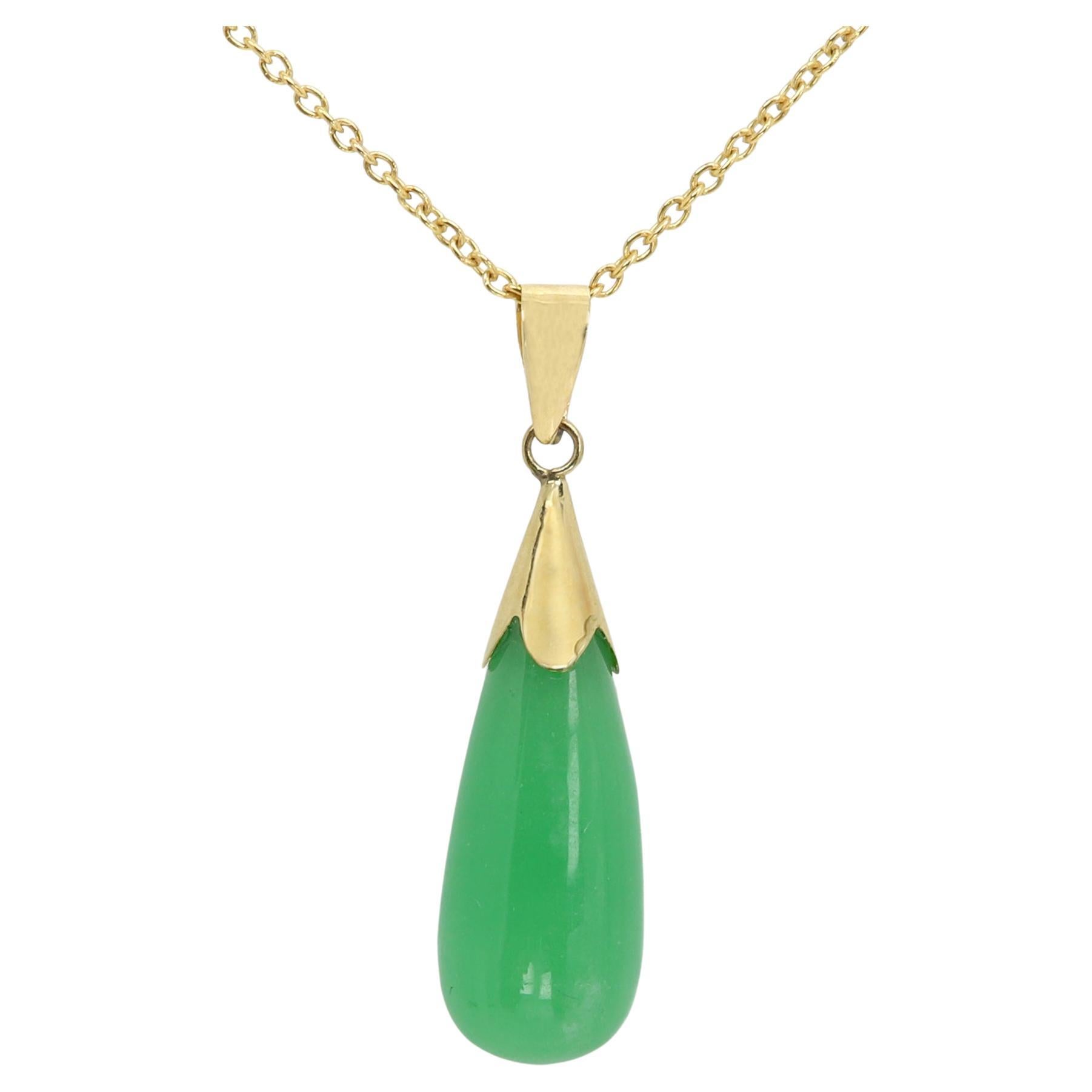 Teardrop Jade Pendant 14 Karat Yellow Gold Green Jade Jewelry For Sale