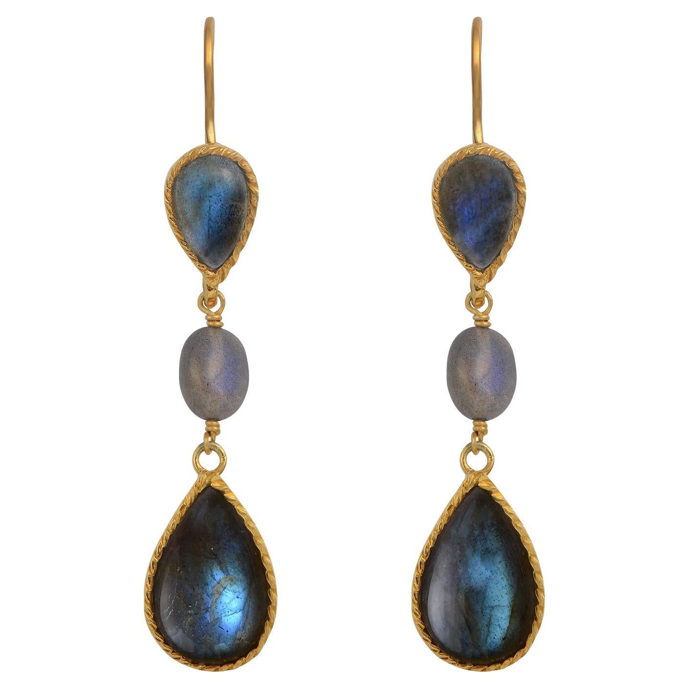 Teardrop Labradorite Dangle Gold Plated Earrings For Sale