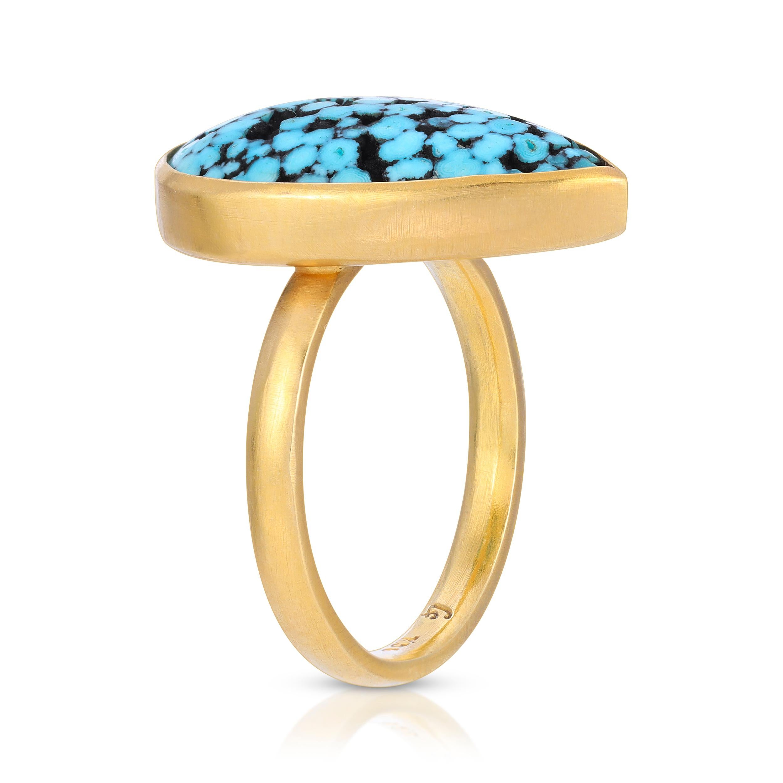 Teardrop Matrix turquoise Ring in 18k Matte Finished Yellow Gold size 6. Handmade in Los Angeles