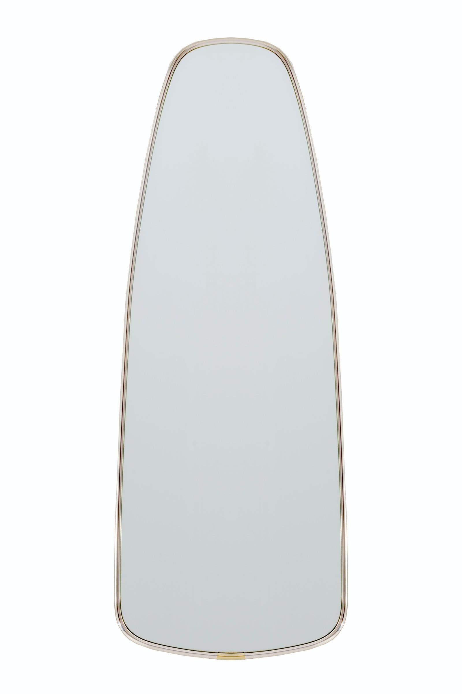 Teardrop shaped mirror with banded steel edge.