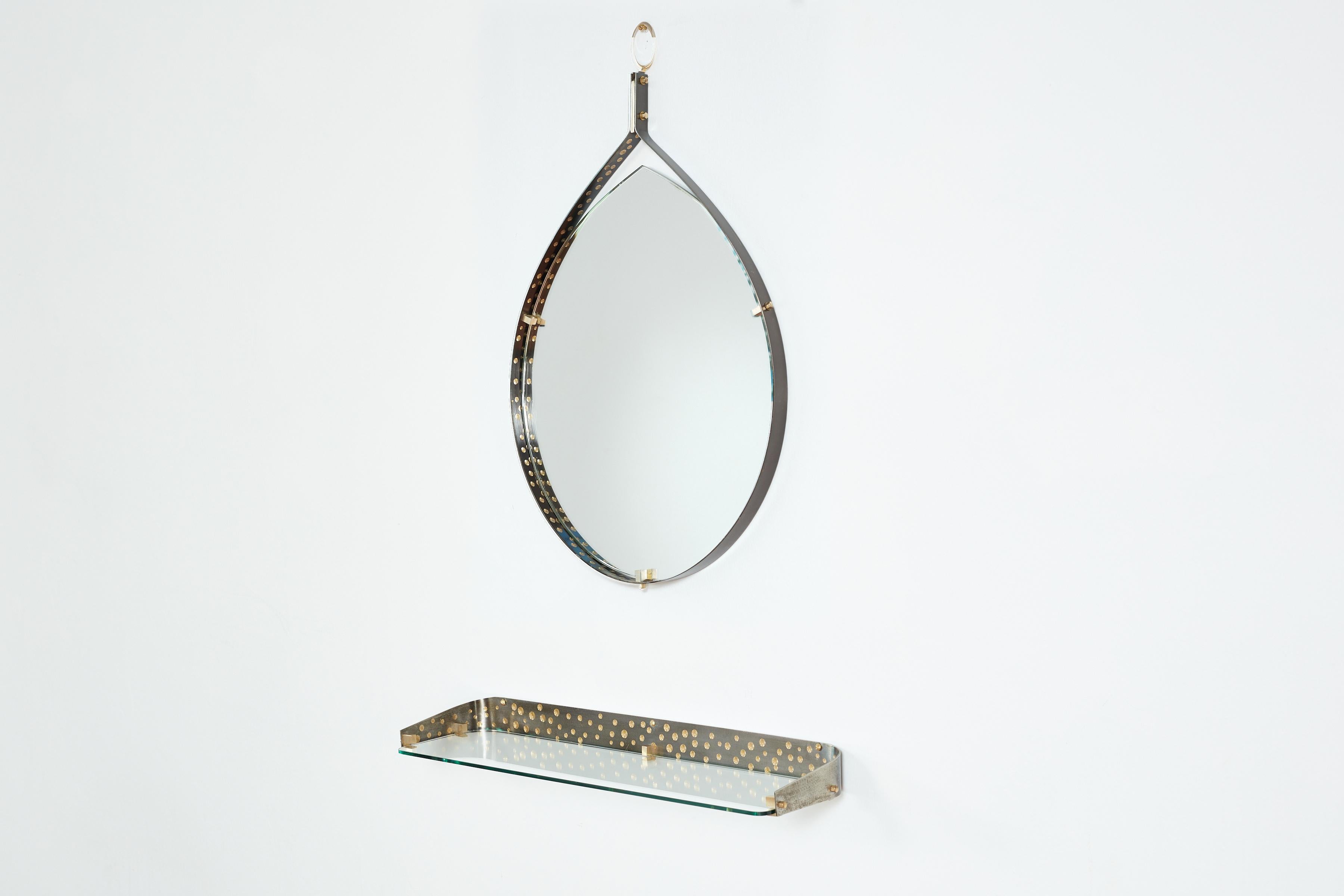 Teardrop Mirror w/shelf by Ambrogio  & De Berti  For Sale 1
