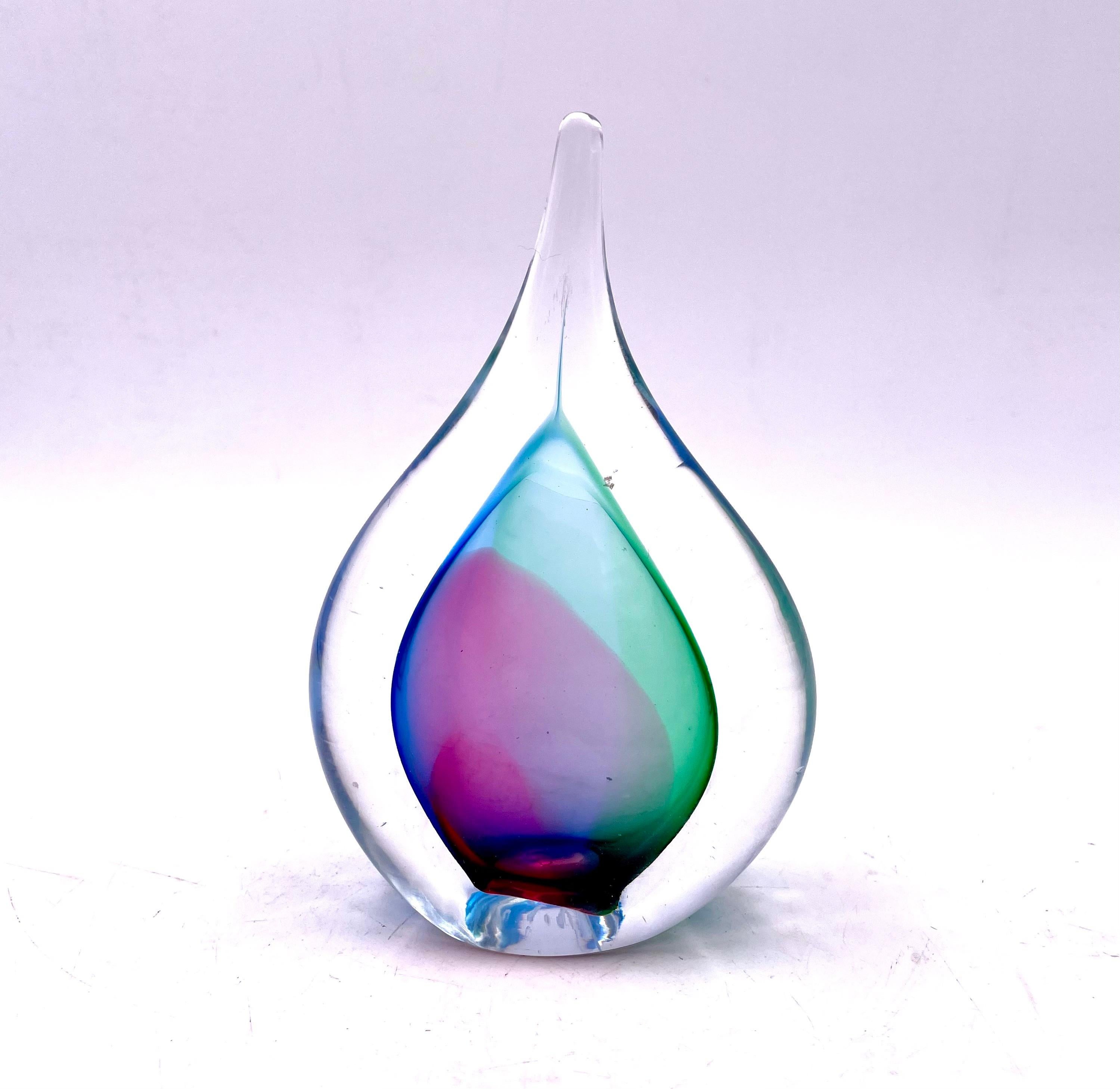 Beautiful teardrop sommerso glass sculpture beautiful colors and shape no chips or cracks navy blue light blue, pink and clear. And green.