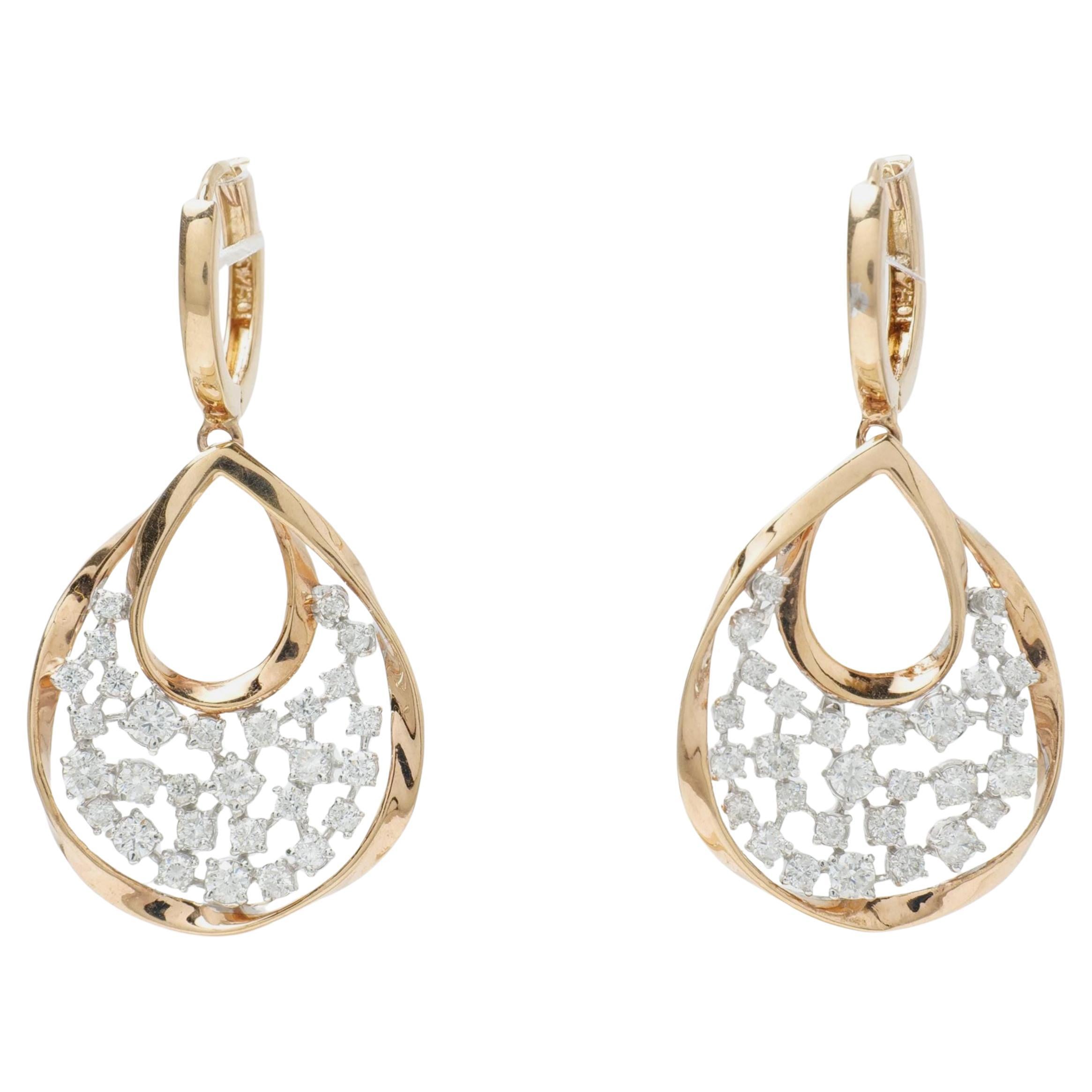 Teardrop Natural Diamond Dangle Earrings in 14K Solid Gold (Certified) For Sale