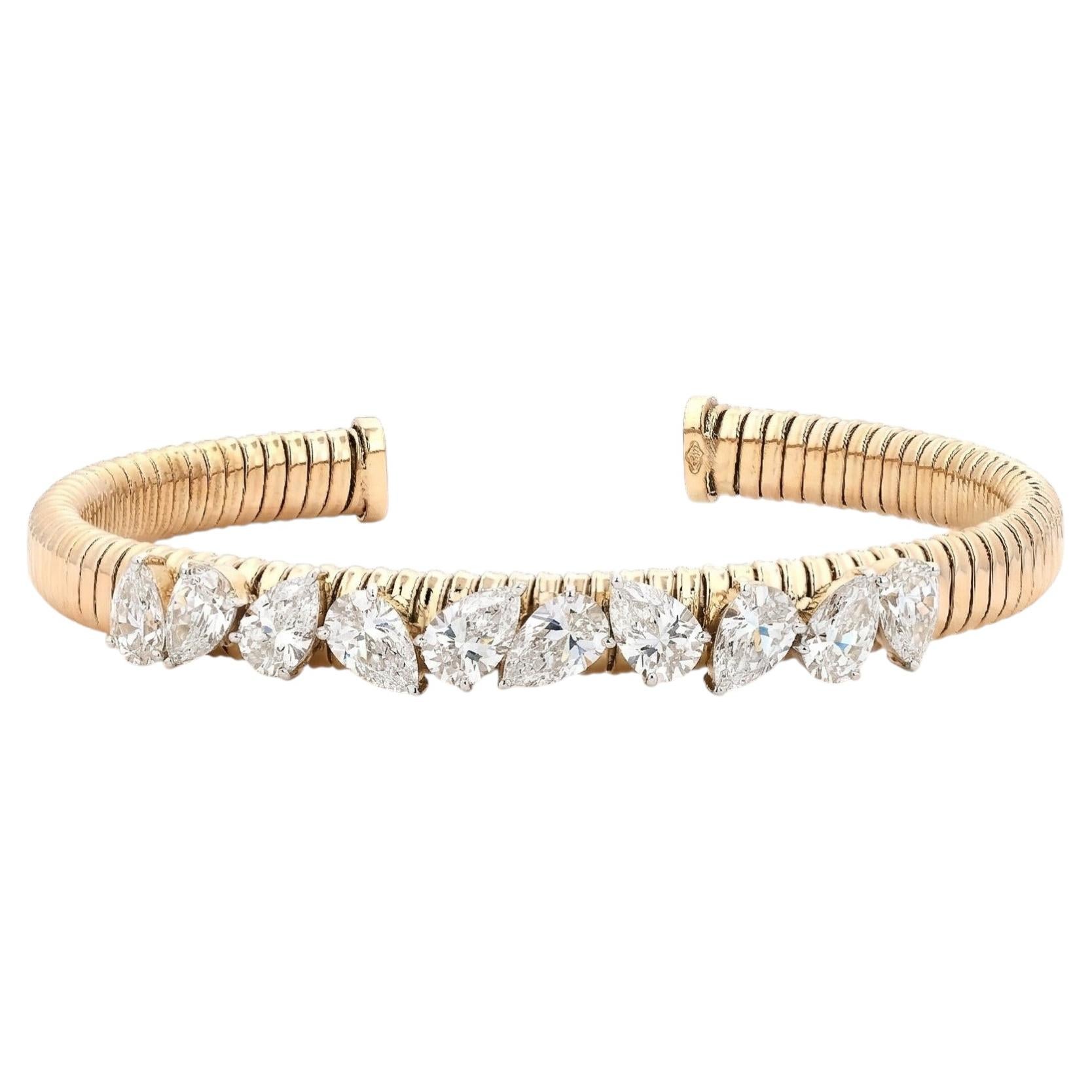 Teardrop Natural Diamond Open Flexible Bracelet in 14K Solid Gold (Certified)