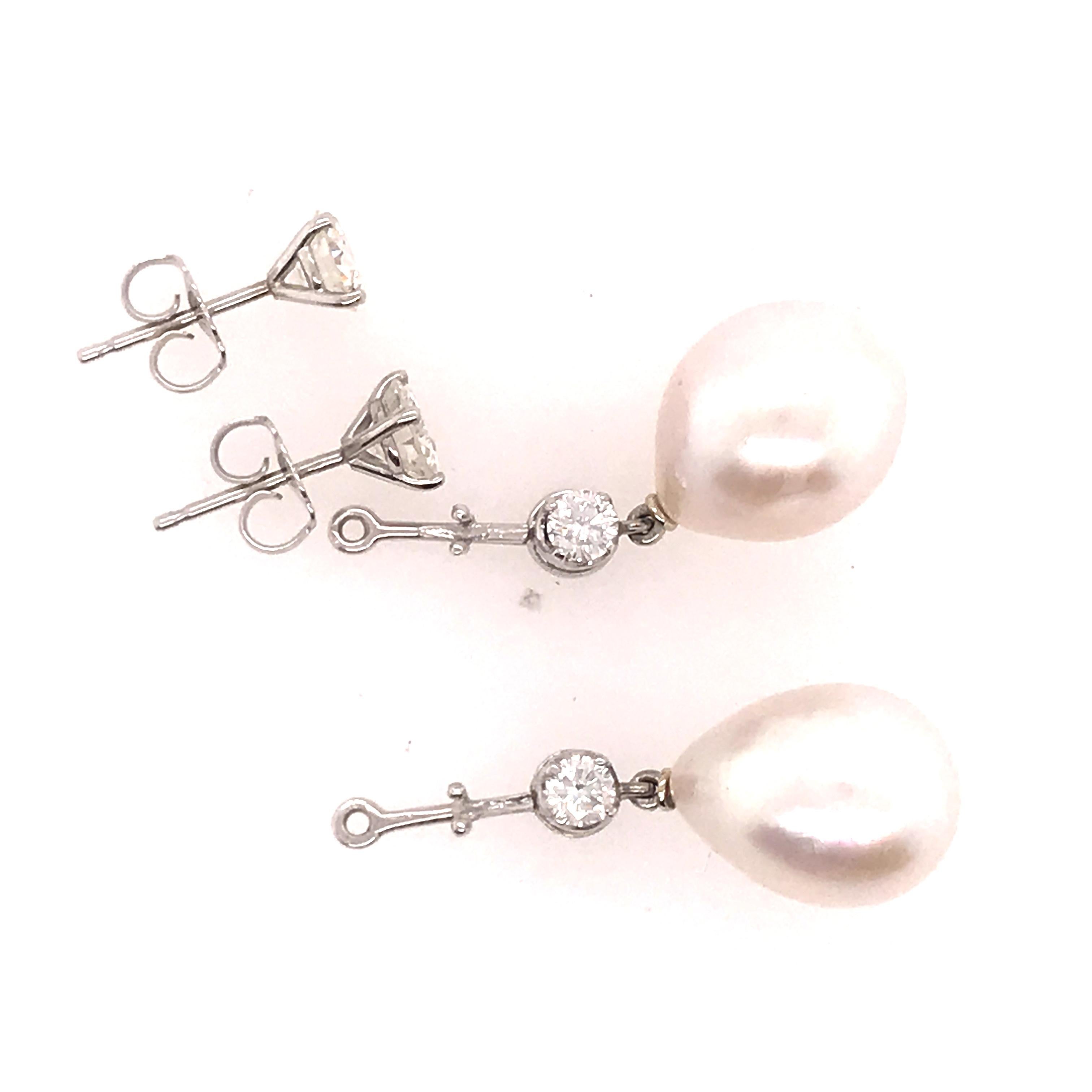 Teardrop Pearl and Diamond Earring in 18K White Gold.  A pair of Diamond Studs with a removable Diamond and Teardrop Pear dangle.  The (4) Round Brilliant Cut Diamonds weigh 1.18 carat total weight are I-J in color and VS1 in clarity.  The earrings