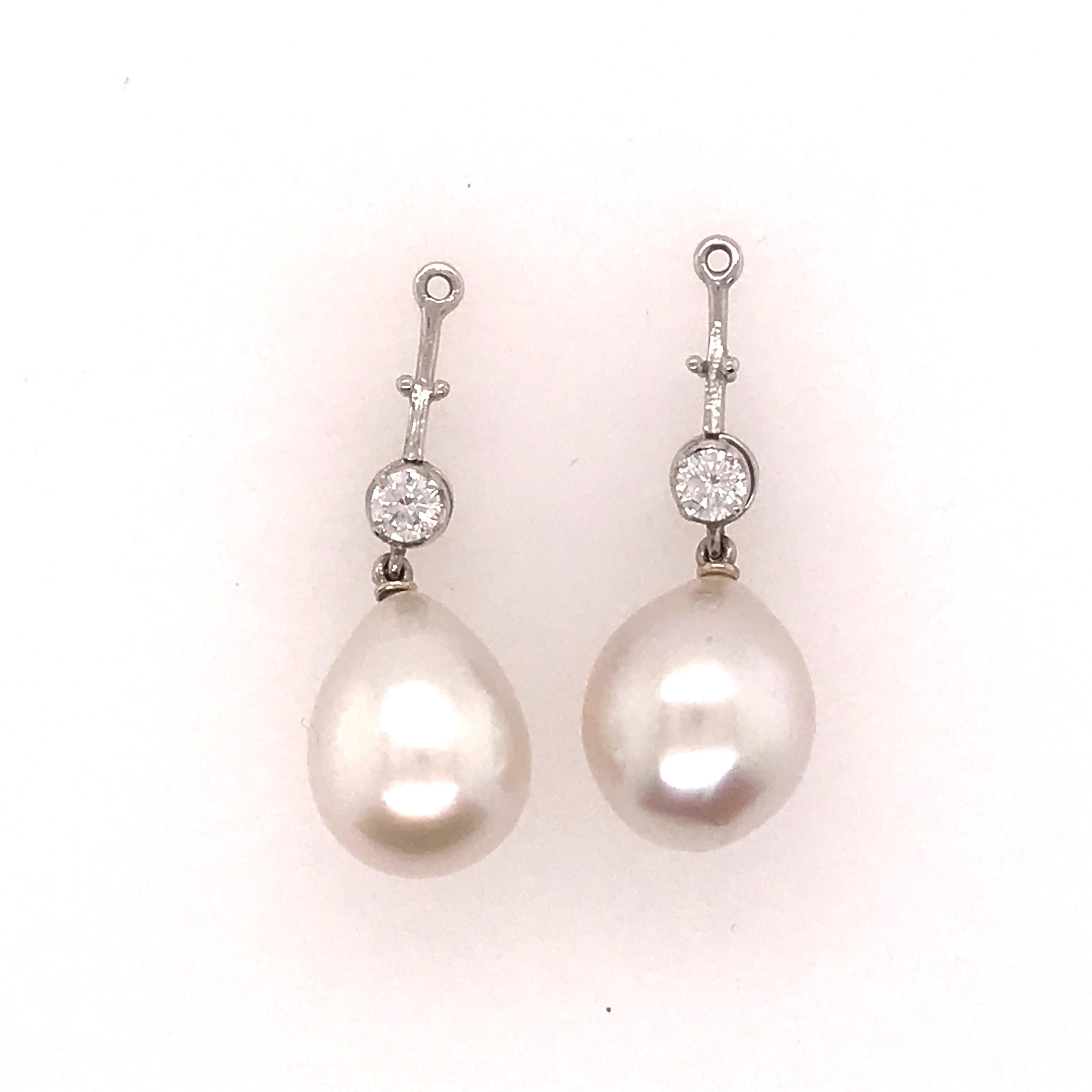Round Cut Teardrop Pearl and Diamond Earring in 18 Karat Gold Studs and Removable Dangle