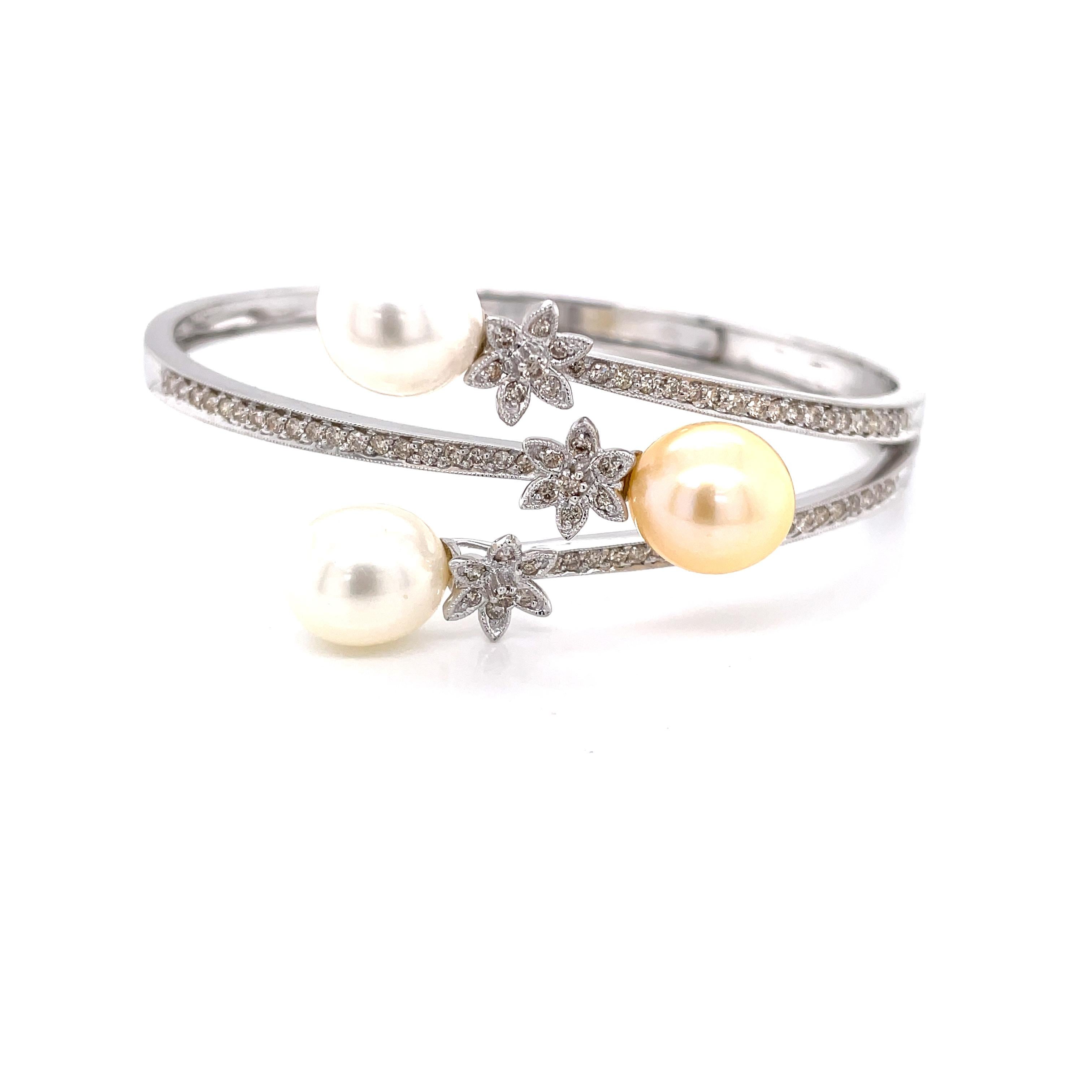 Teardrop Pearl Diamond Wrap Style 18 Karat White Gold Bangle In Good Condition For Sale In Mount Kisco, NY