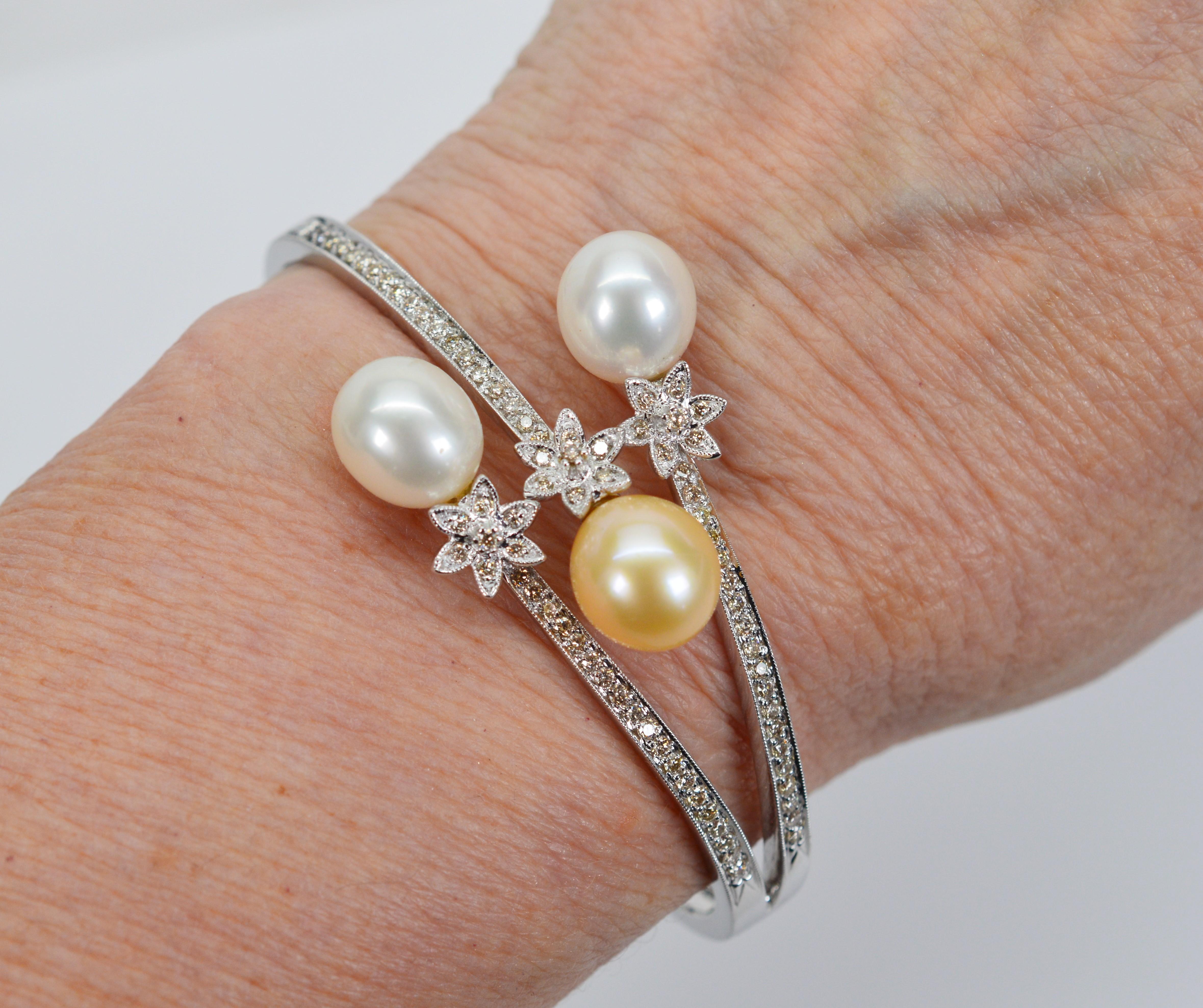 Women's Teardrop Pearl Diamond Wrap Style 18 Karat White Gold Bangle For Sale