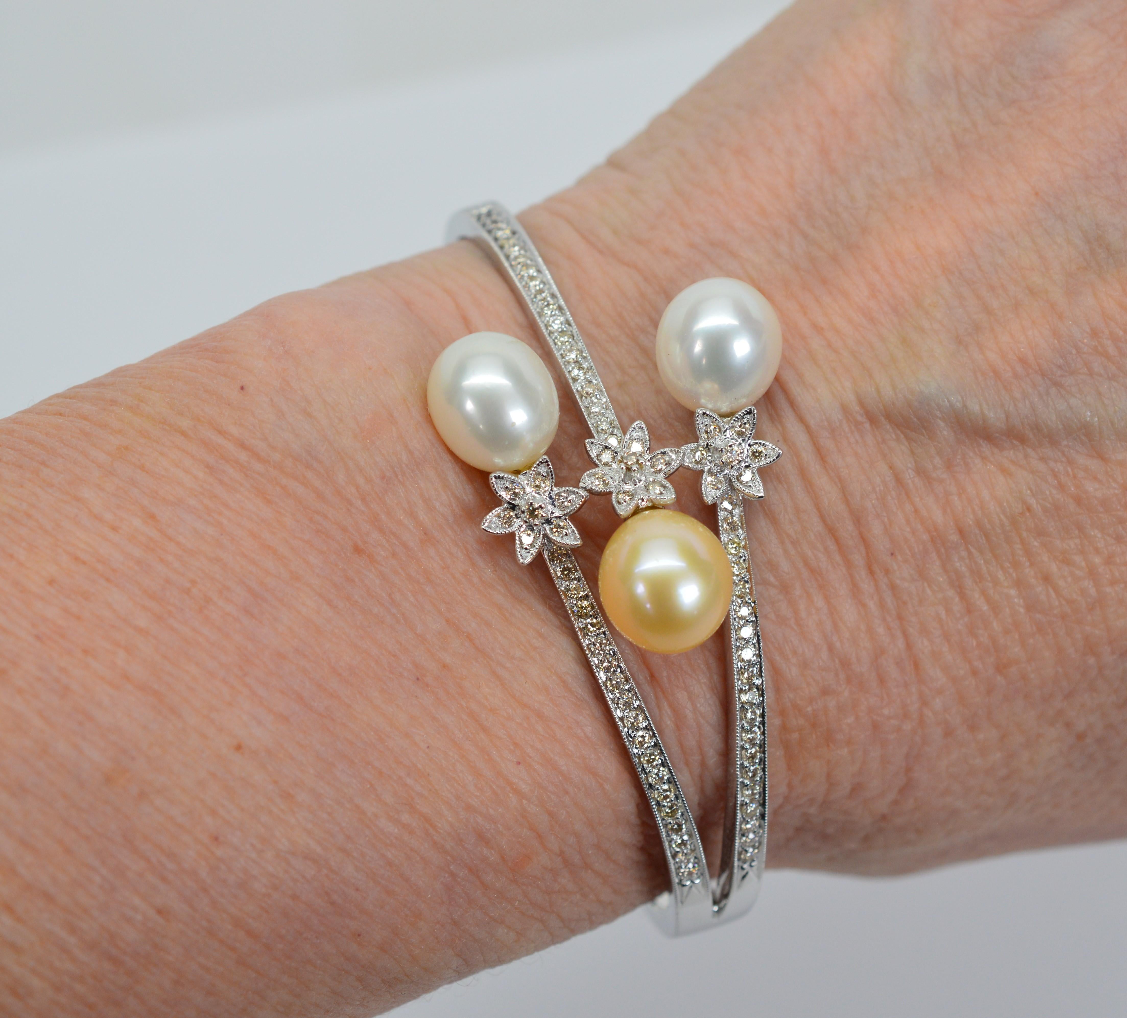 Teardrop Pearl Diamond Wrap Style 18 Karat White Gold Bangle For Sale 2