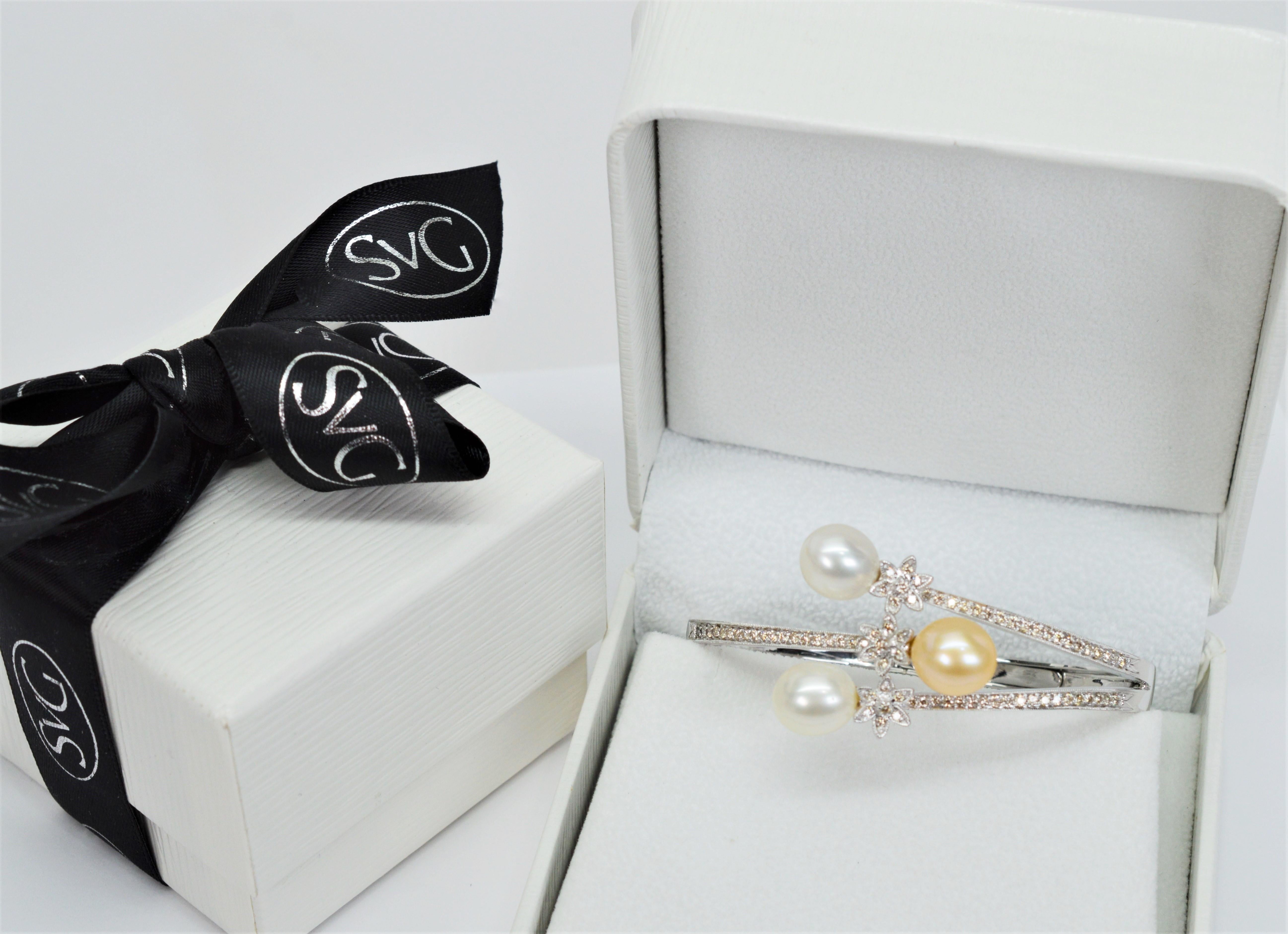 Teardrop Pearl Diamond Wrap Style 18 Karat White Gold Bangle For Sale 3