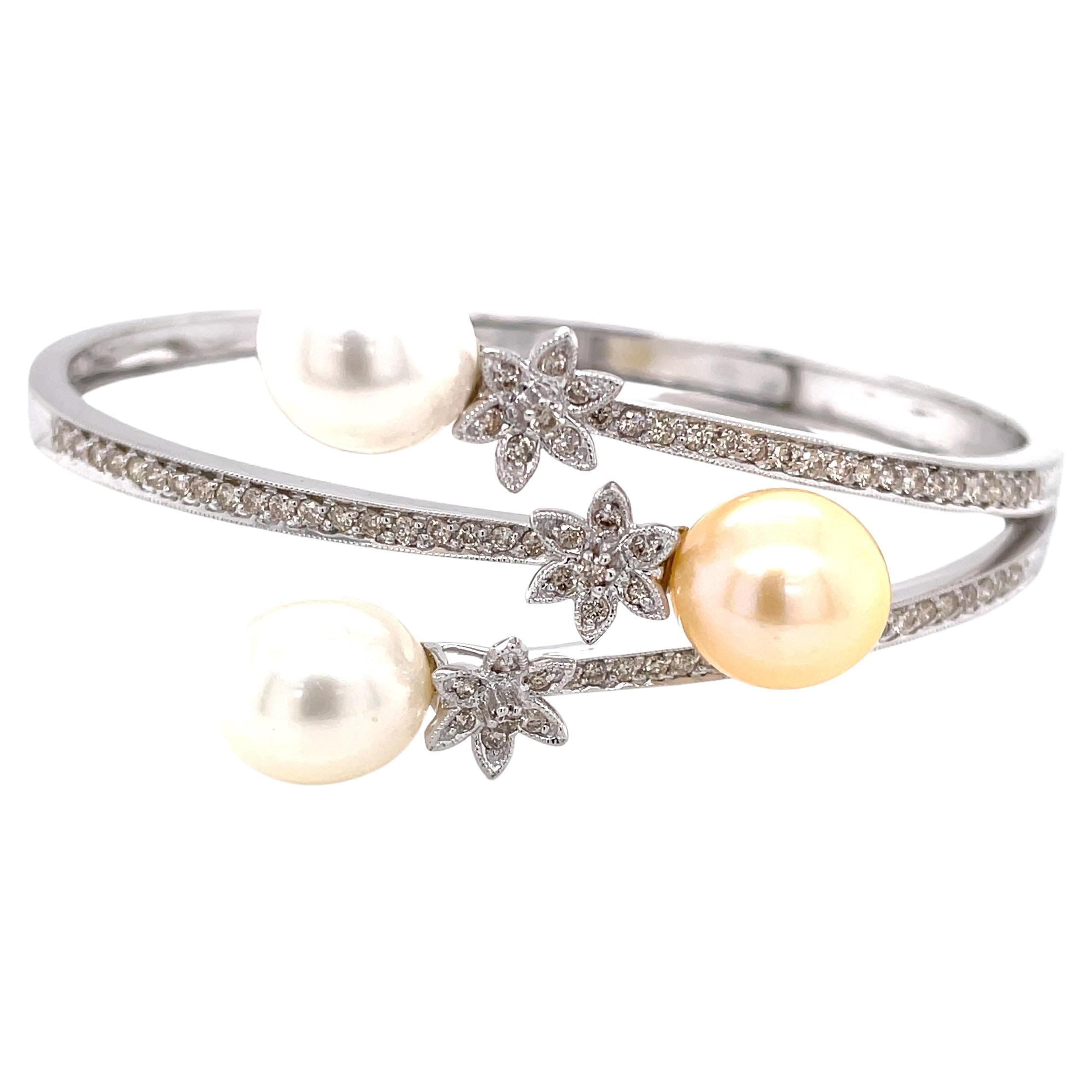 Teardrop Pearl Diamond Wrap Style 18 Karat White Gold Bangle For Sale