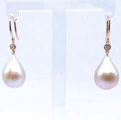 Pink Champagne Teardrop Baroque Pearl Diamond Drop Earrings in 18K Rose Gold