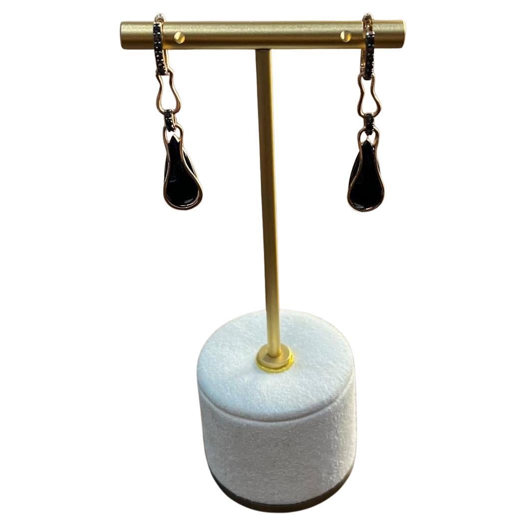Tropfenohrringe in Tropfenform aus 14K Gelbgold mit schwarzem Onyx und schwarzen Diamanten in Tropfenform