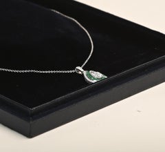 Teardrop Shape Diamond Pendant Necklace. Emerald Double Halo Pendant Platinum