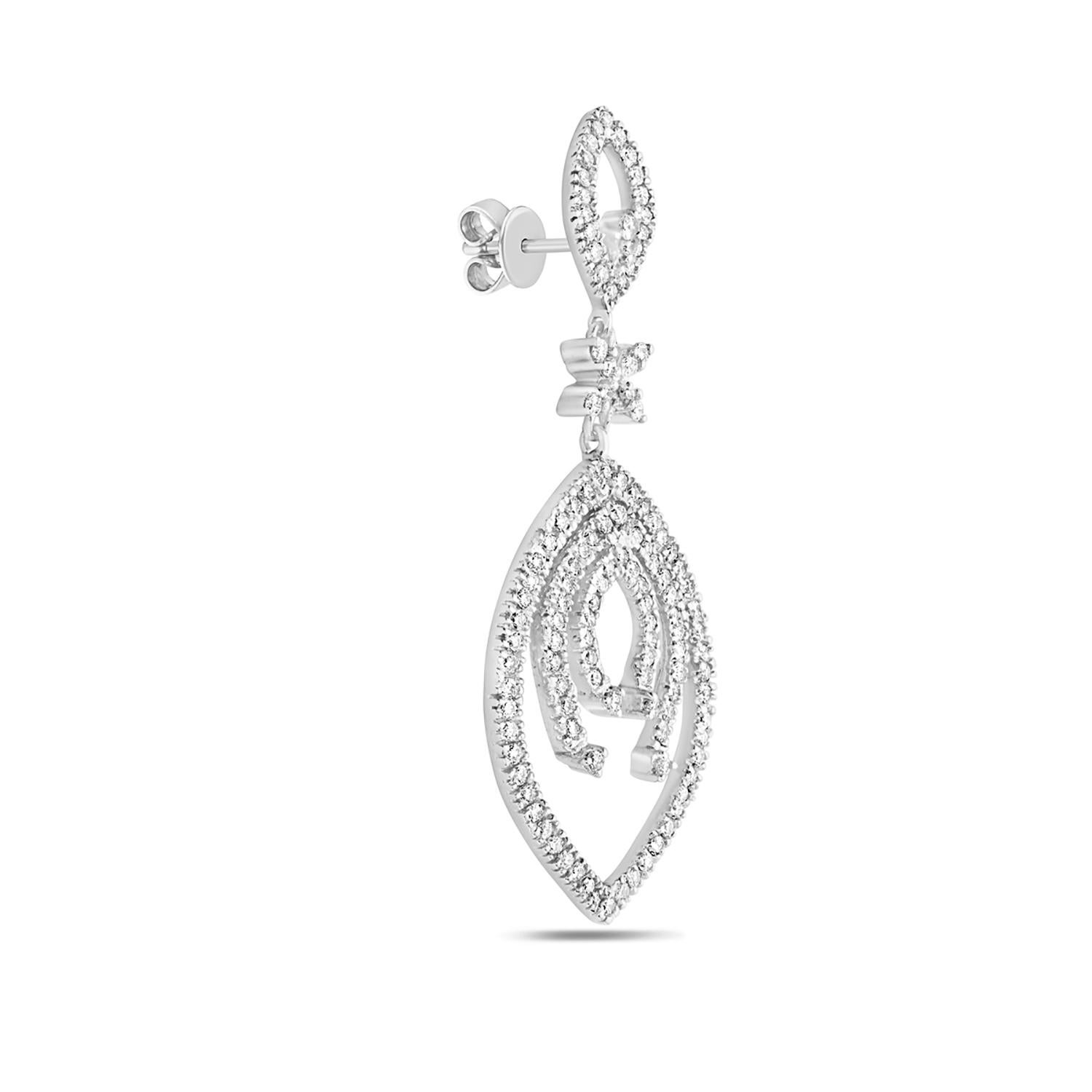 Art Deco Teardrop Shaped Dangle Earring with Brilliant Cut Diamonds in 18k White Gold For Sale