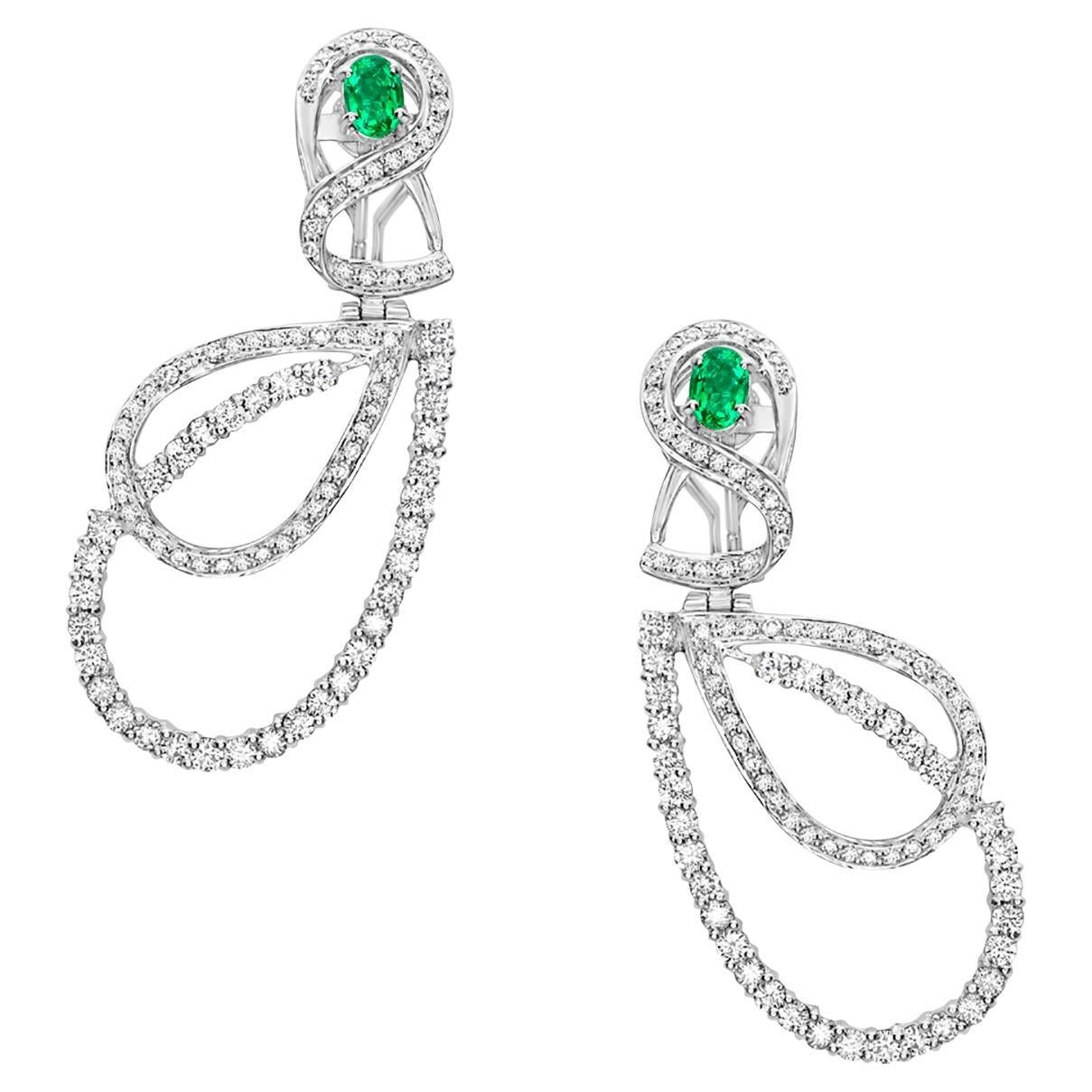 Teardrop Shaped Earrings With Zambian Emerald & Diamonds Made In 18k White Gold