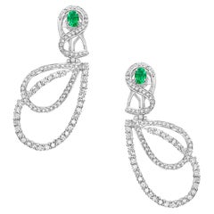 Teardrop Shaped Earrings With Zambian Emerald & Diamonds Made In 18k White Gold