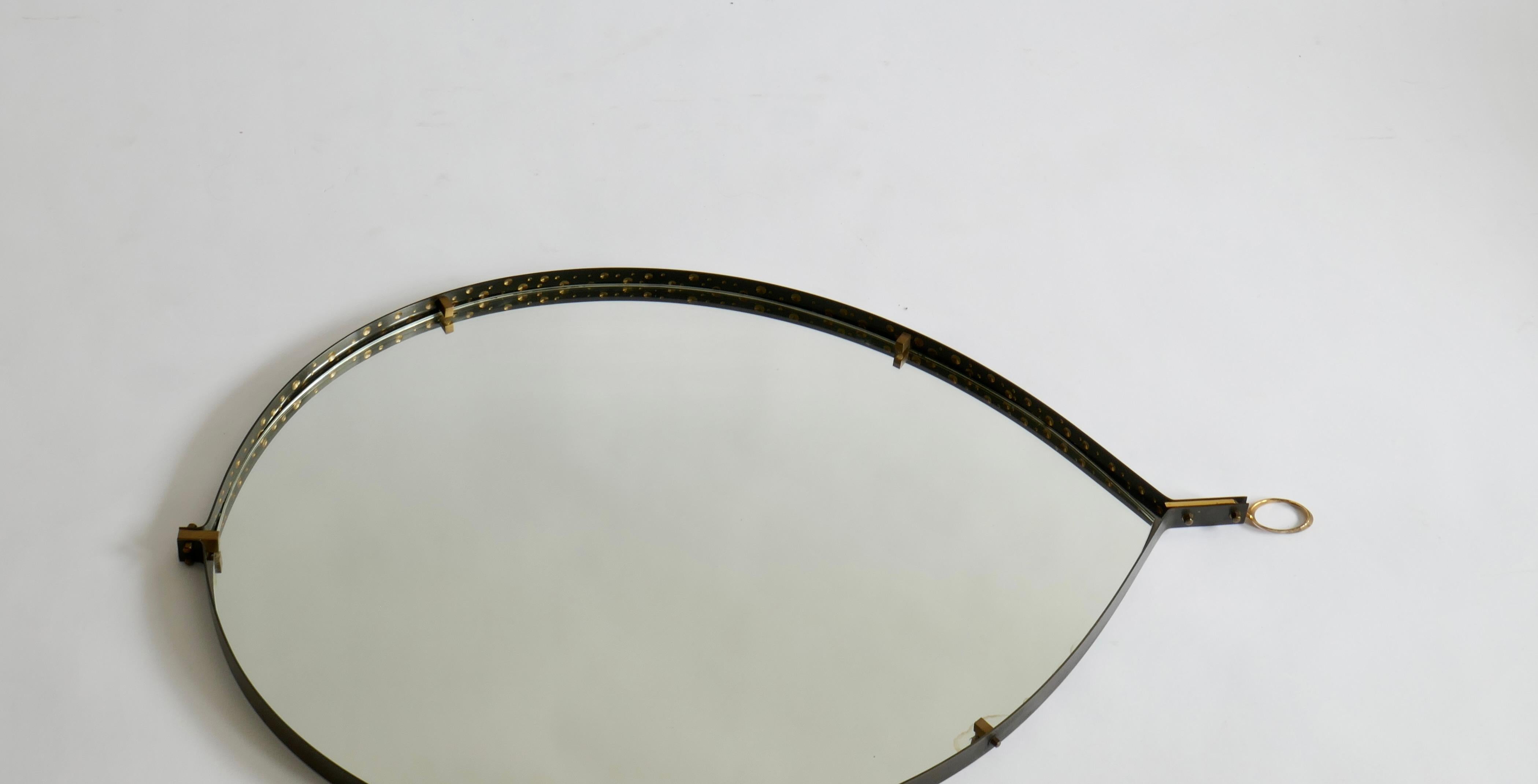 Mid-Century Modern Teardrop-Shaped Mirror with Hammered Iron Frame & Brass Details, Italy, 1960s
