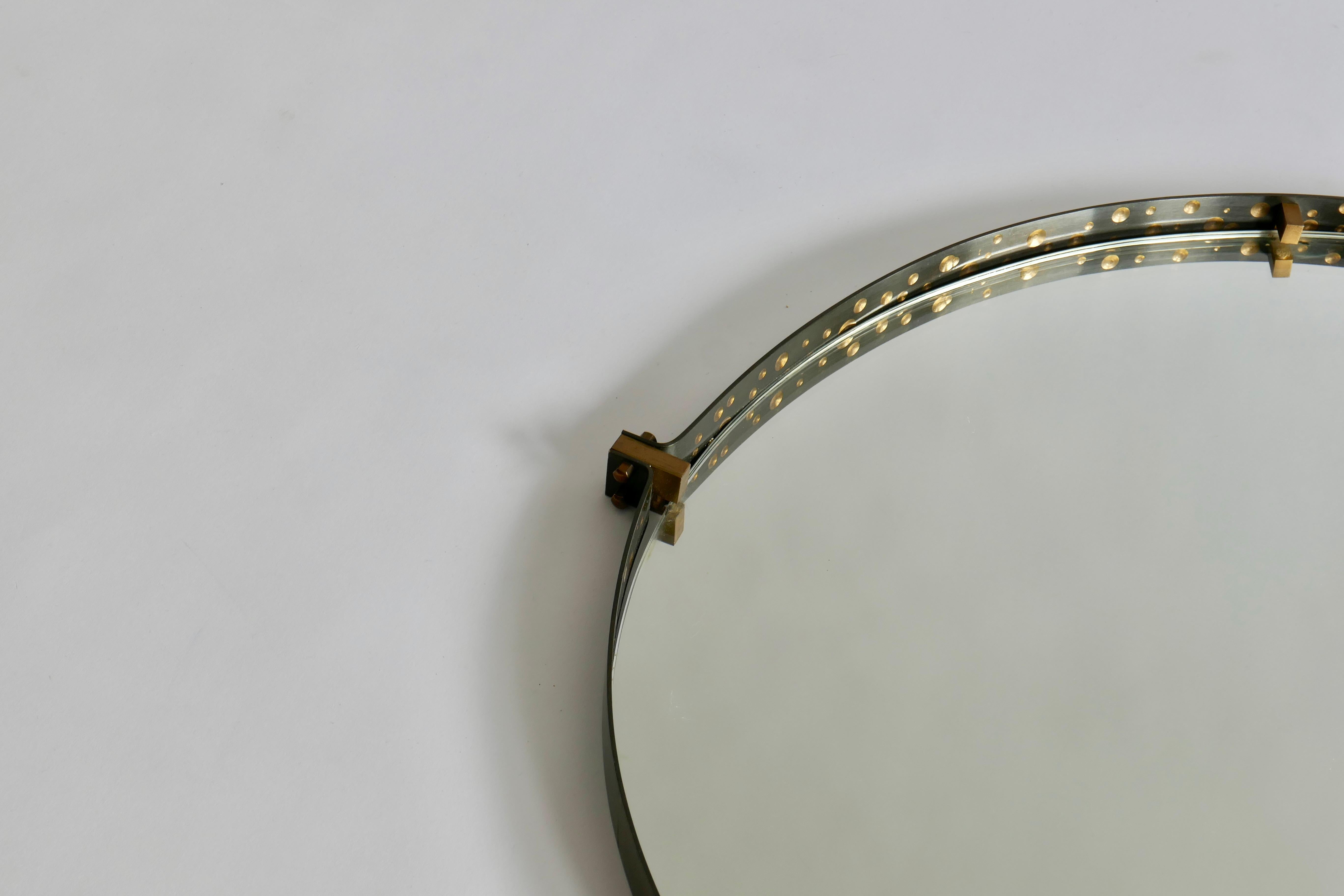 Mid-20th Century Teardrop-Shaped Mirror with Hammered Iron Frame & Brass Details, Italy, 1960s
