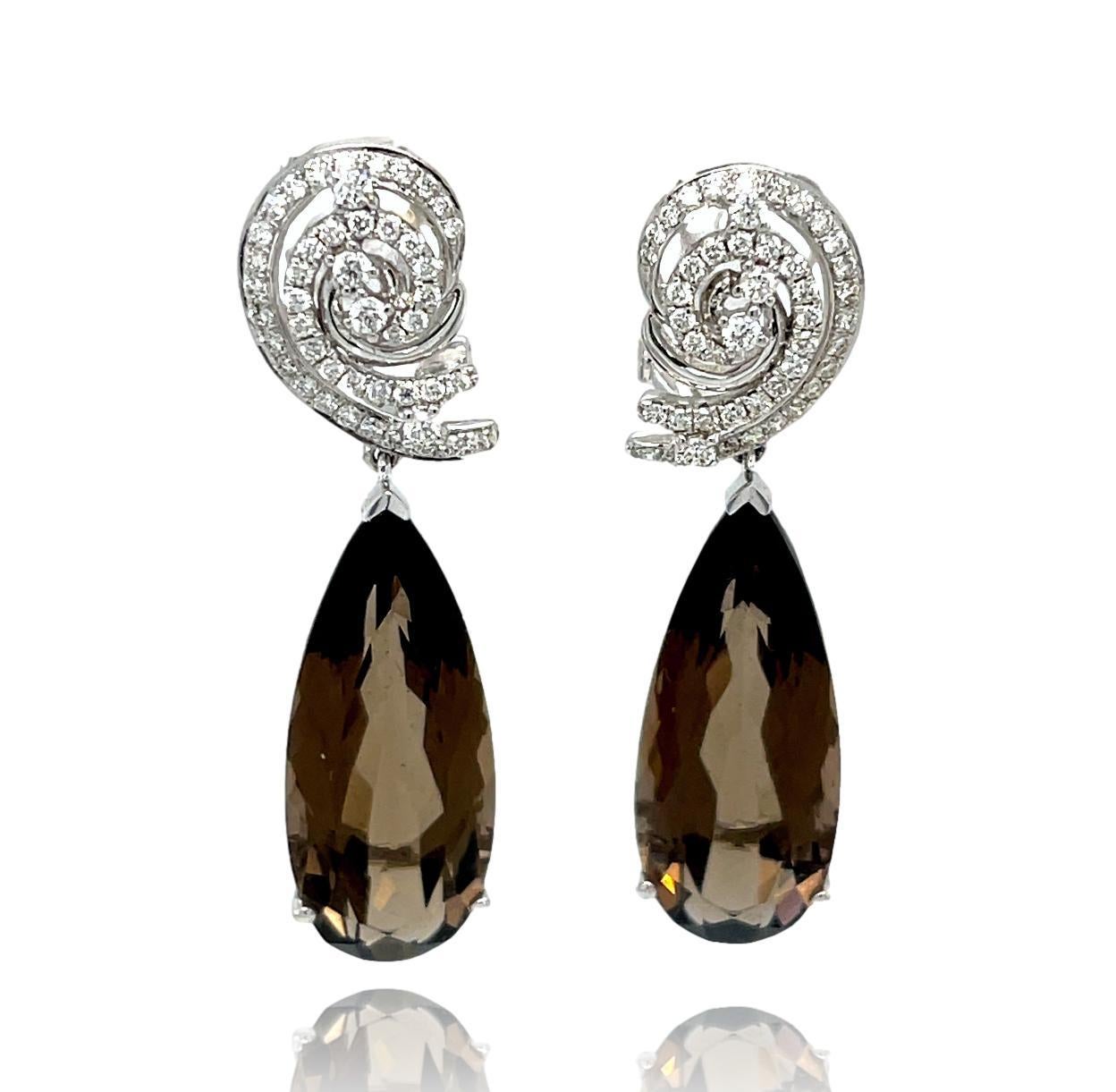 Pear Cut Teardrop Smokey Topaz  and Diamond Dangling Omega back Earrings in 14KW Gold  For Sale