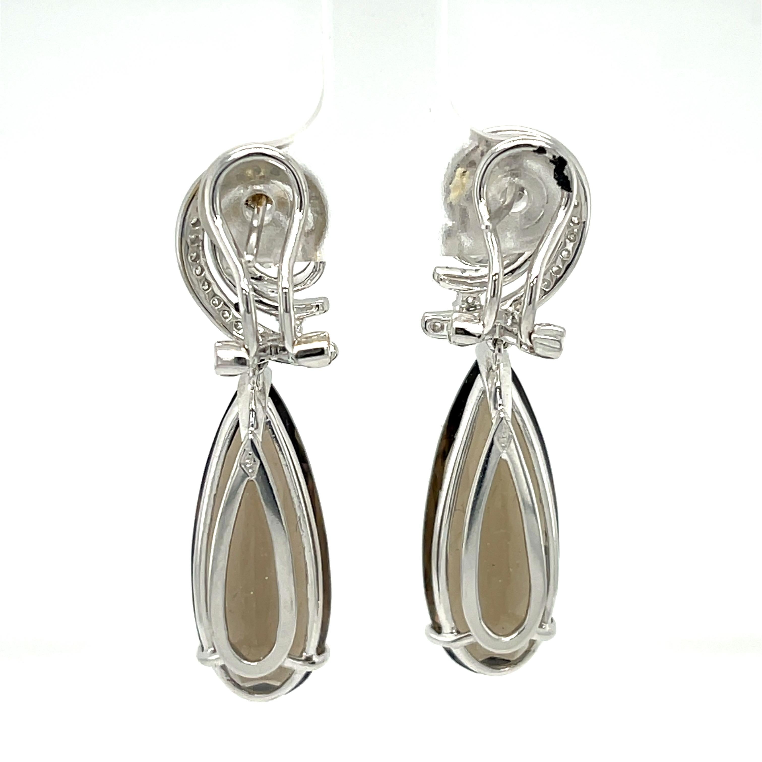 Teardrop Smokey Topaz  and Diamond Dangling Omega back Earrings in 14KW Gold  In New Condition For Sale In New York, NY