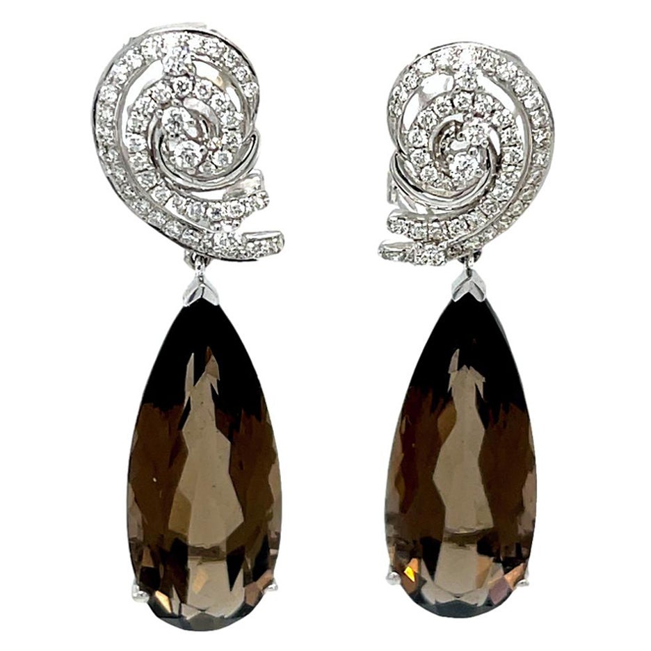 Topaze fumée en forme de larme  Boucles d'oreilles pendantes en or 14KW avec Omega et diamants