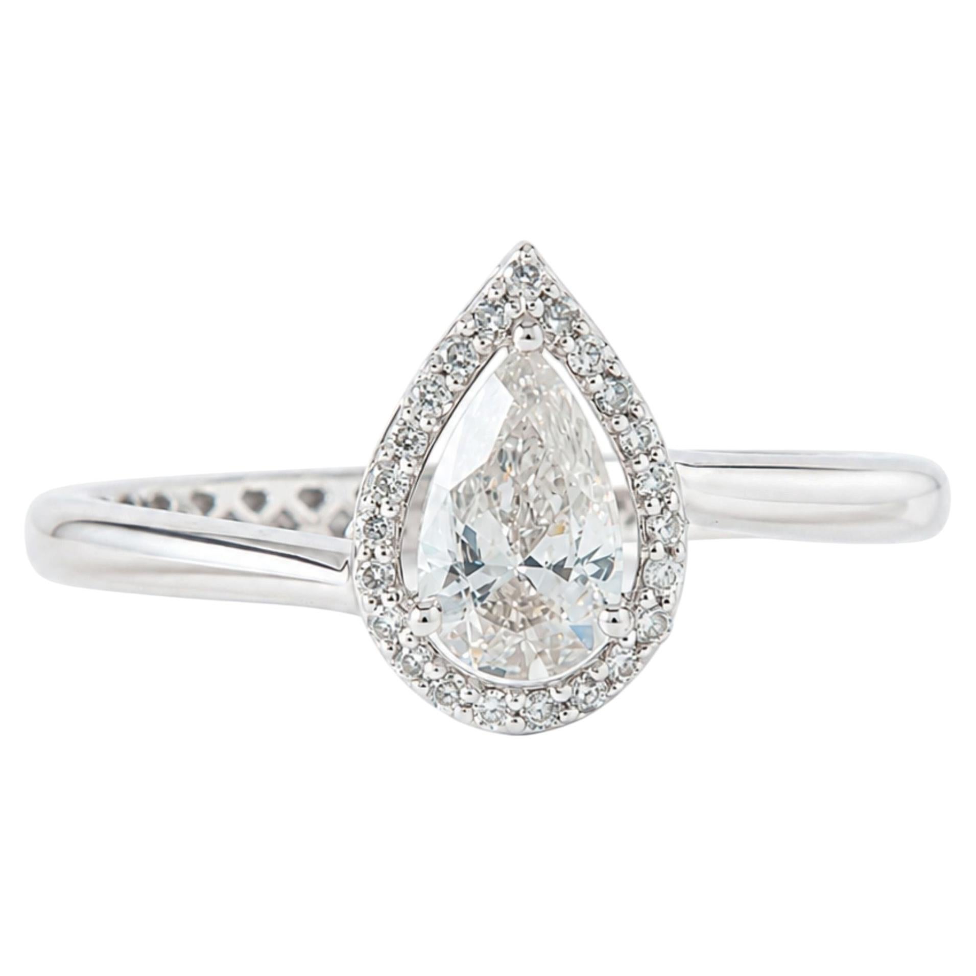 Teardrop Solitaire Halo Natural Diamond Ring in 14k Solid Gold (Certified) For Sale